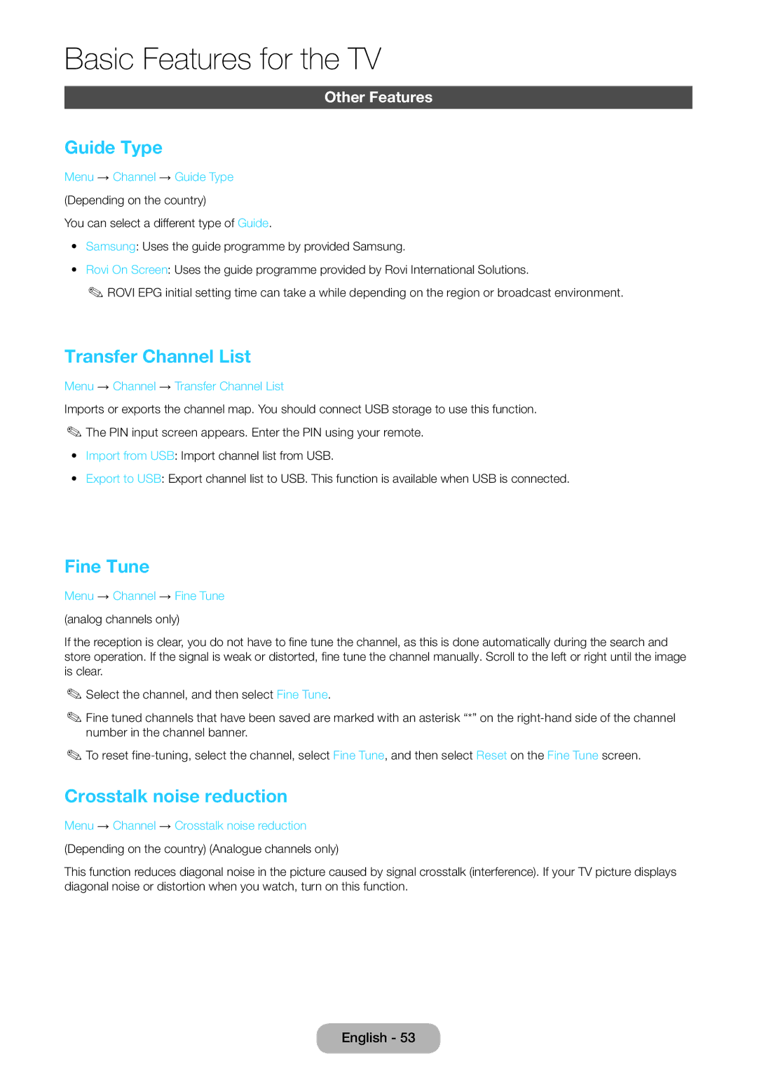 Samsung LT27B750EW/EN manual Guide Type, Transfer Channel List, Fine Tune, Crosstalk noise reduction, Other Features 