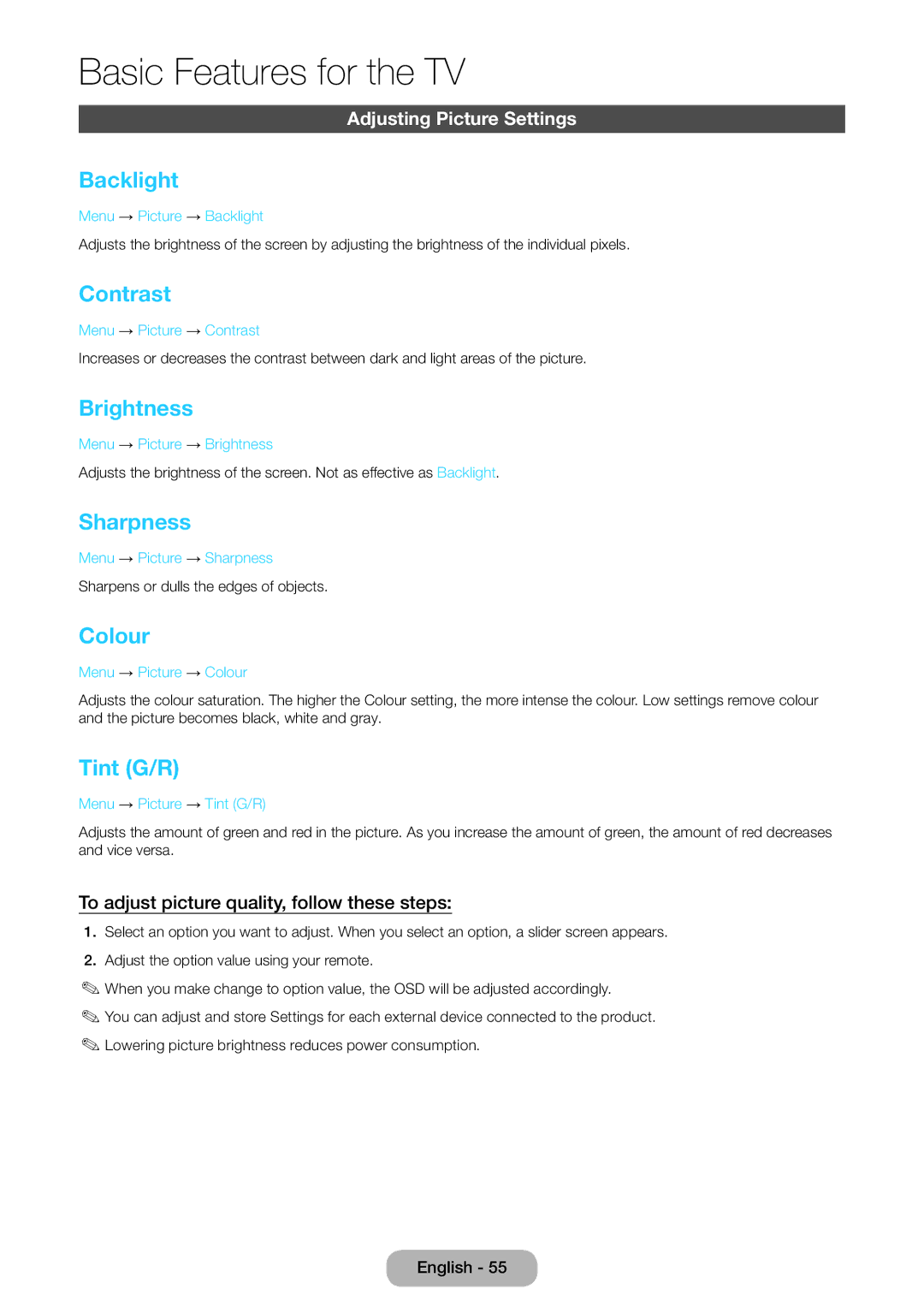Samsung LT24B750EX/XE, LT24B750EWV/EN, LT27B750EWV/EN manual Menu → Picture → Colour, Menu → Picture → Tint G/R 
