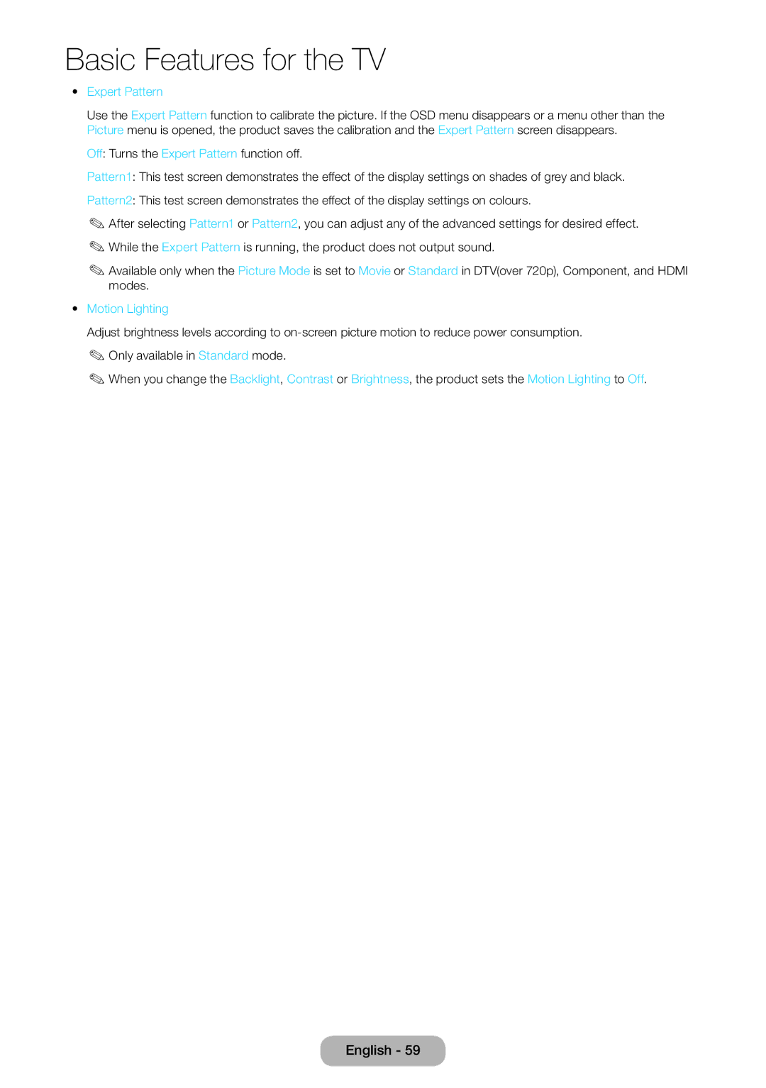 Samsung LT24B750EX/EN, LT24B750EWV/EN, LT27B750EWV/EN, LT24B750EW/EN, LT27B750EW/EN manual Expert Pattern, Motion Lighting 