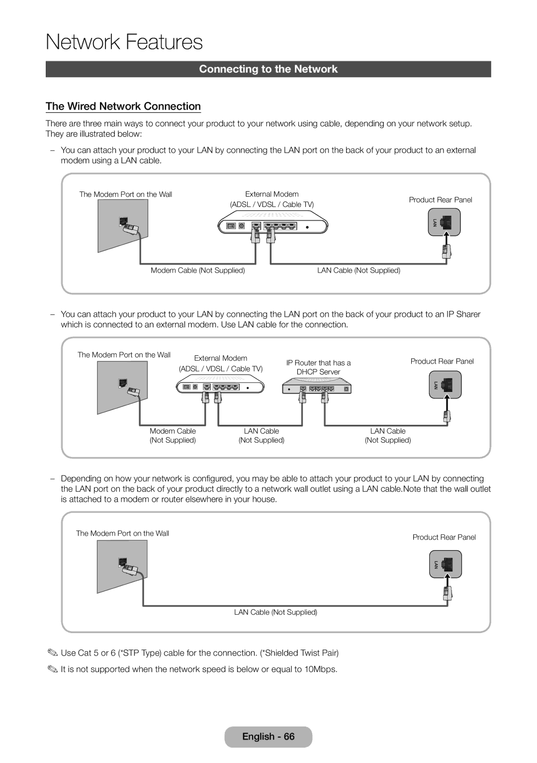 Samsung LT27B750EX/XE, LT24B750EWV/EN, LT27B750EWV/EN, LT24B750EW/EN Connecting to the Network, Wired Network Connection 