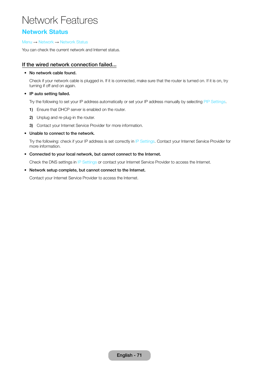 Samsung LT27B750EWV/EN, LT24B750EWV/EN manual If the wired network connection failed, Menu → Network → Network Status 