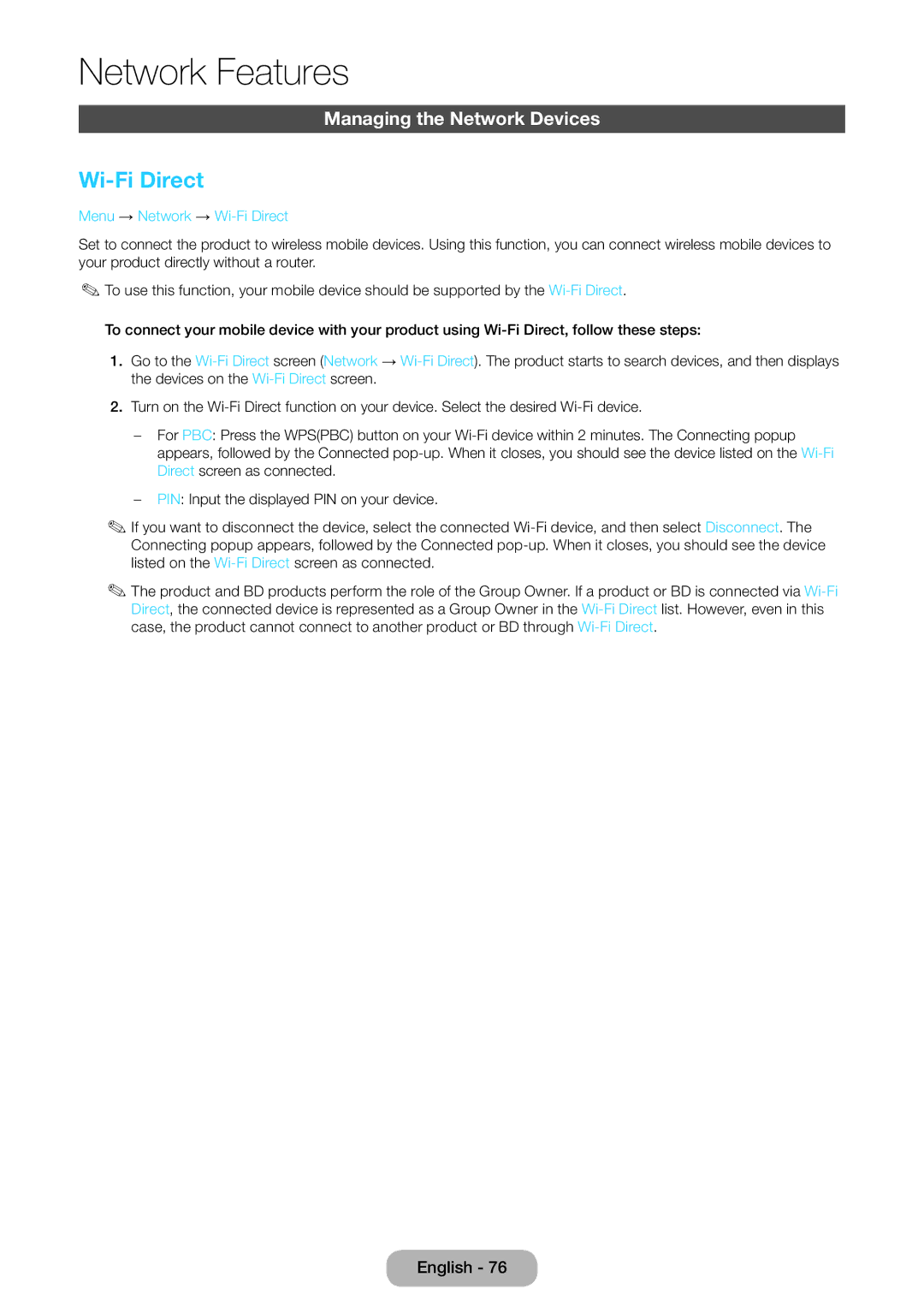 Samsung LT27B750EX/XE, LT24B750EWV/EN, LT27B750EWV/EN manual Managing the Network Devices, Menu → Network → Wi-Fi Direct 