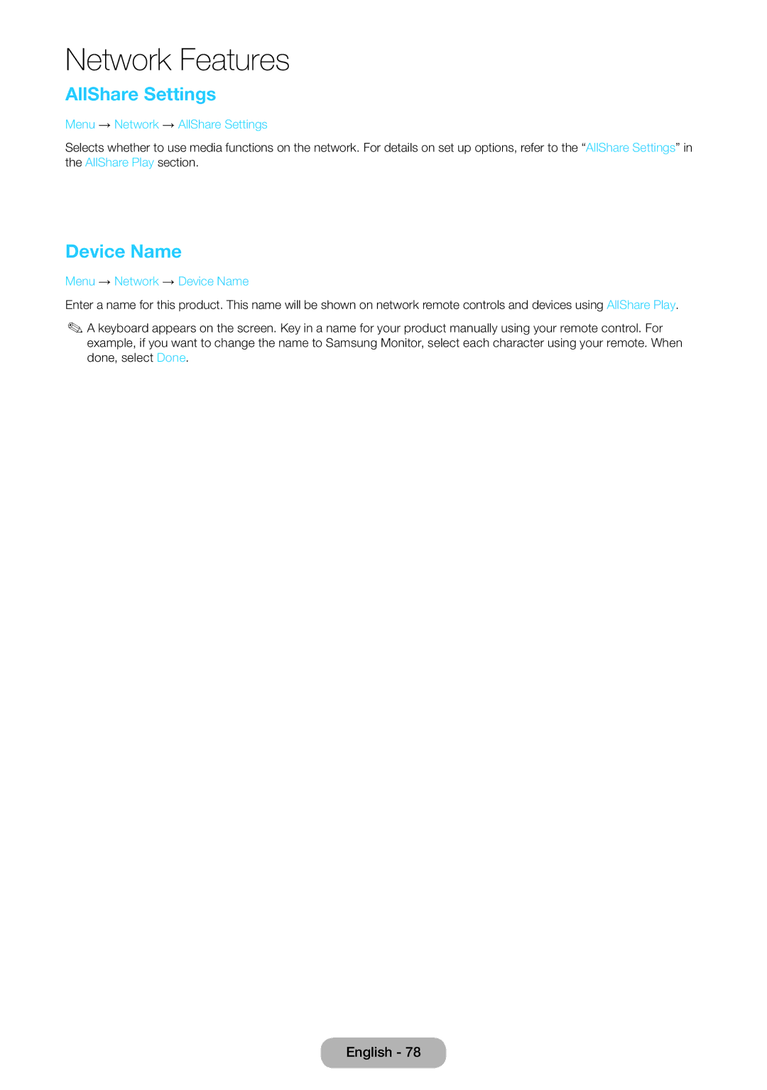 Samsung LT27B750EXH/CI, LT24B750EWV/EN manual Menu → Network → AllShare Settings, Menu → Network → Device Name 
