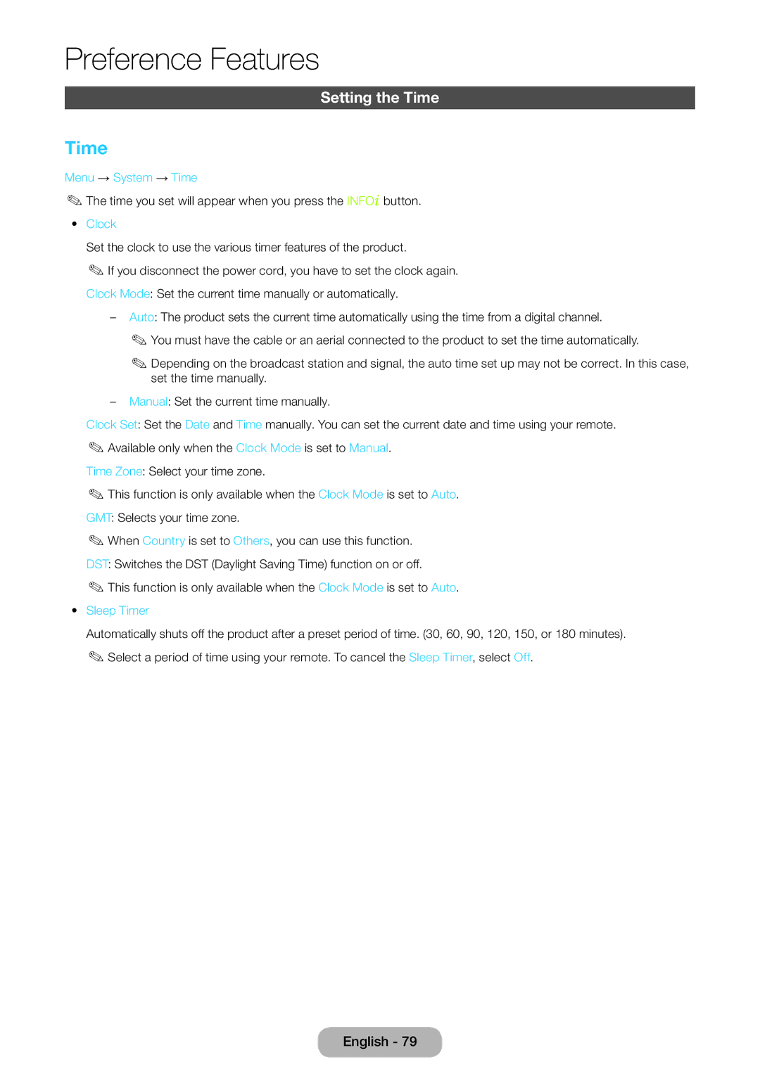Samsung LT24B750EX/EN, LT24B750EWV/EN, LT27B750EWV/EN manual Setting the Time, Menu → System → Time, Clock, Sleep Timer 