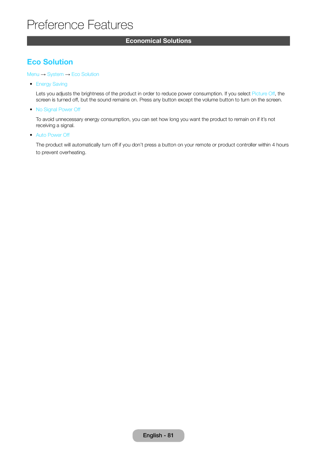 Samsung LT27B750EWV/EN manual Economical Solutions, Menu → System → Eco Solution Energy Saving, No Signal Power Off 