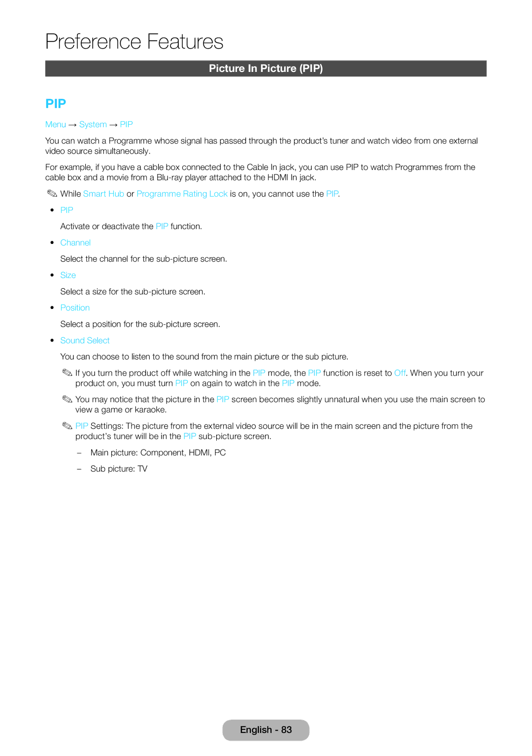 Samsung LT27B750EW/EN, LT24B750EWV/EN manual Picture In Picture PIP, Menu → System → PIP, Size, Position, Sound Select 