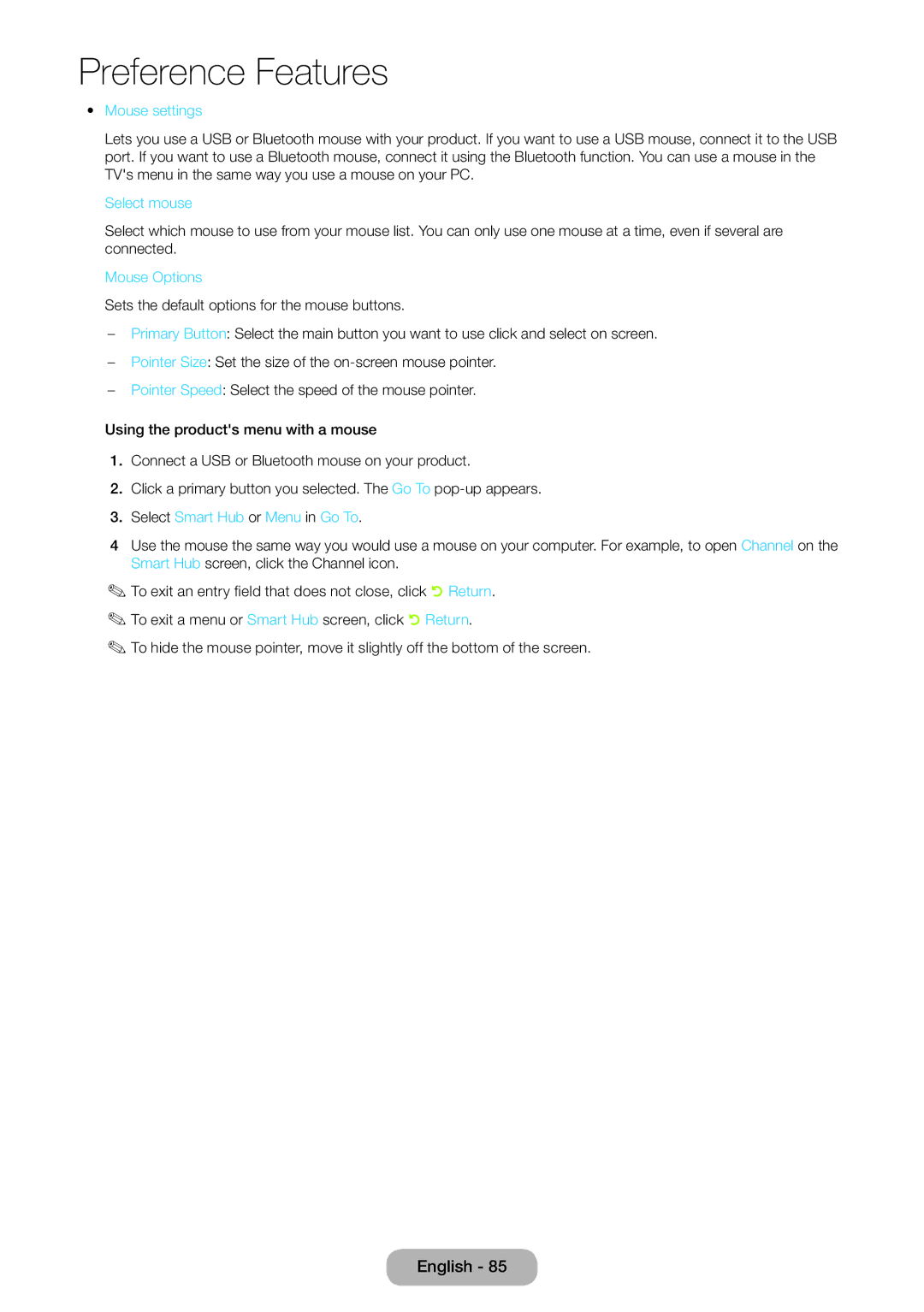 Samsung LT24B750EX/XE, LT24B750EWV/EN manual Mouse settings, Select mouse, Mouse Options, Select Smart Hub or Menu in Go To 