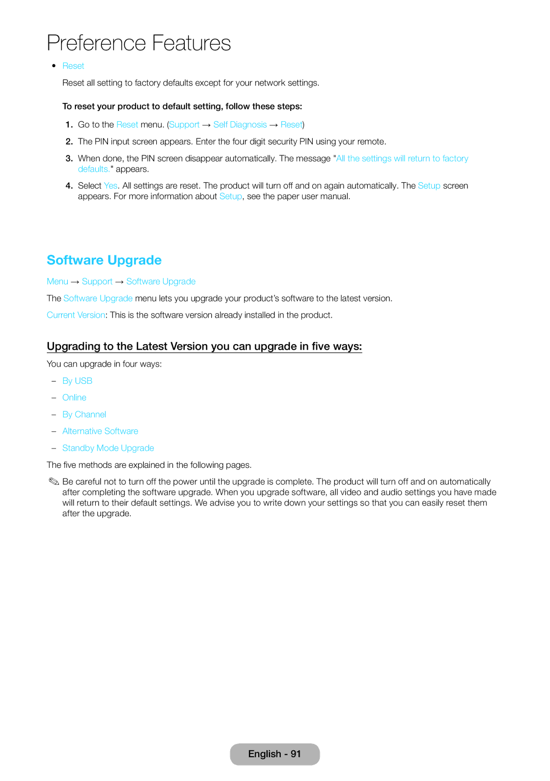 Samsung LT27B750EWV/EN, LT24B750EWV/EN manual Software Upgrade, Go to the Reset menu. Support → Self Diagnosis → Reset 