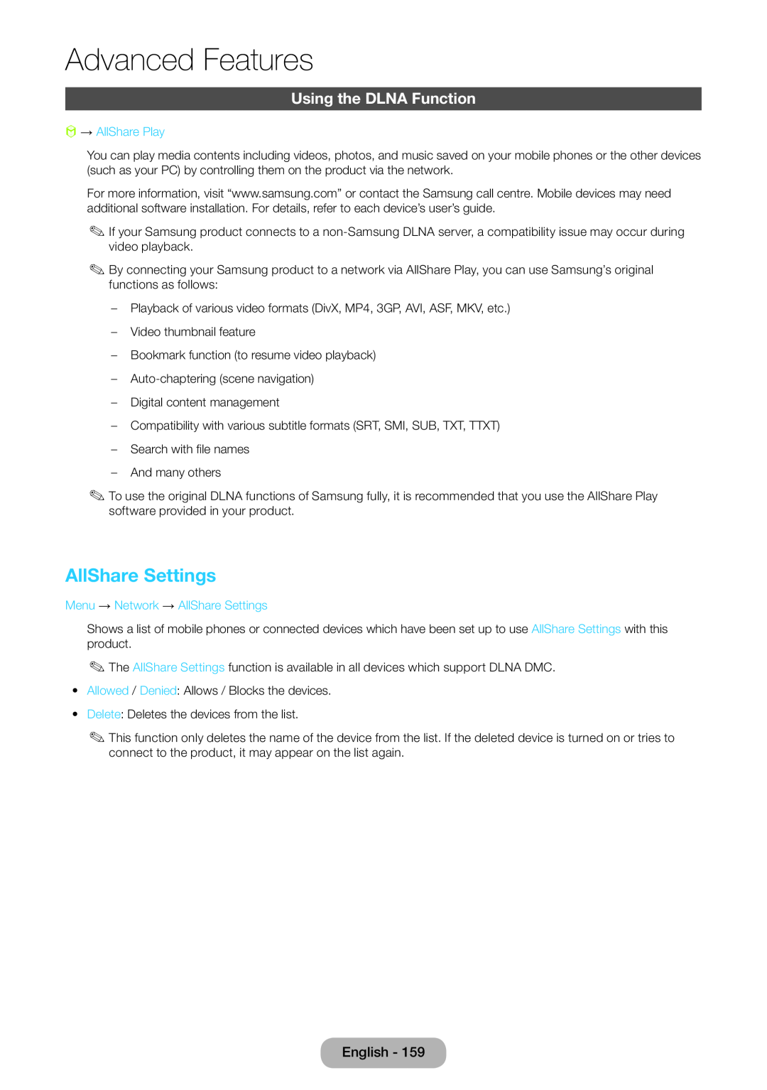 Samsung LT24B750EX/EN, LT24B750EWV/EN manual Using the DLNA Function, Advanced Features, AllShare Settings, → AllShare Play 