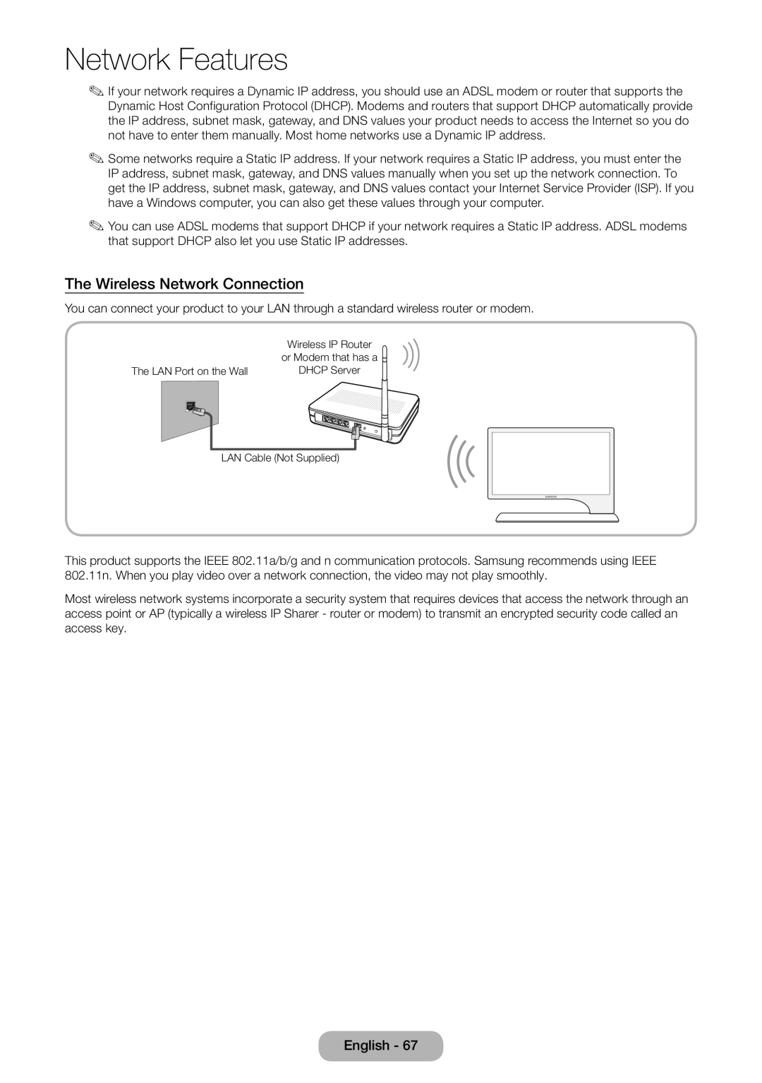 Samsung LT27B750EX/CI, LT24B750EWV/EN, LT27B750EWV/EN, LT24B750EW/EN manual The Wireless Network Connection, Network Features 