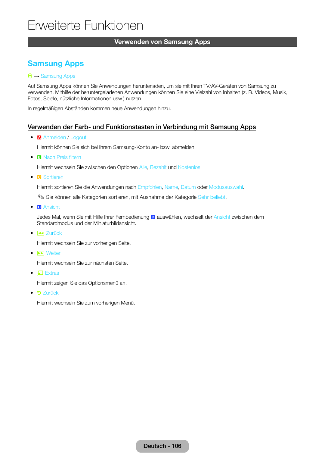 Samsung LT24B750EW/EN, LT24B750EWV/EN, LT27B750EWV/EN, LT27B750EW/EN manual Verwenden von Samsung Apps 