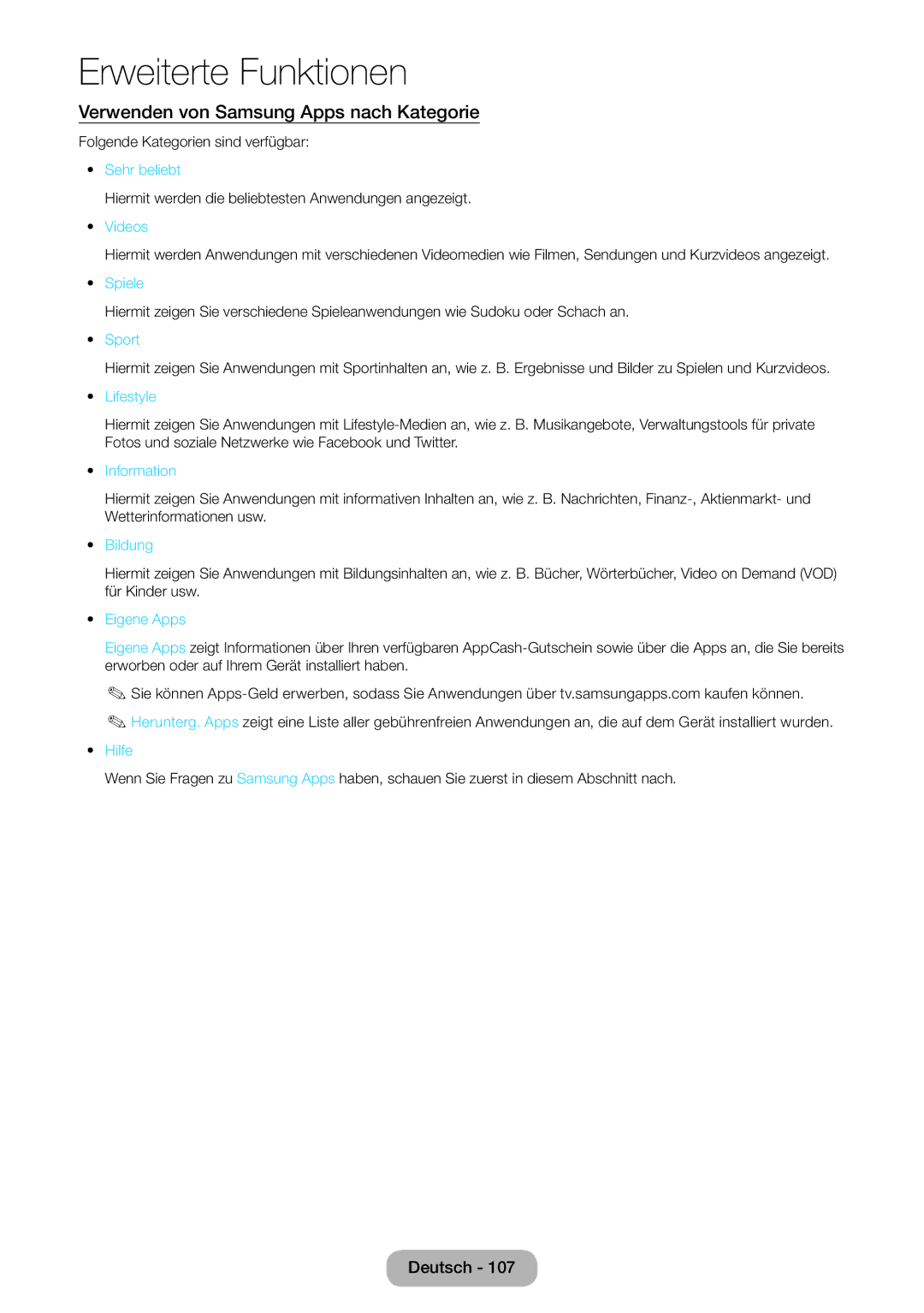 Samsung LT27B750EW/EN, LT24B750EWV/EN, LT27B750EWV/EN, LT24B750EW/EN manual Verwenden von Samsung Apps nach Kategorie 