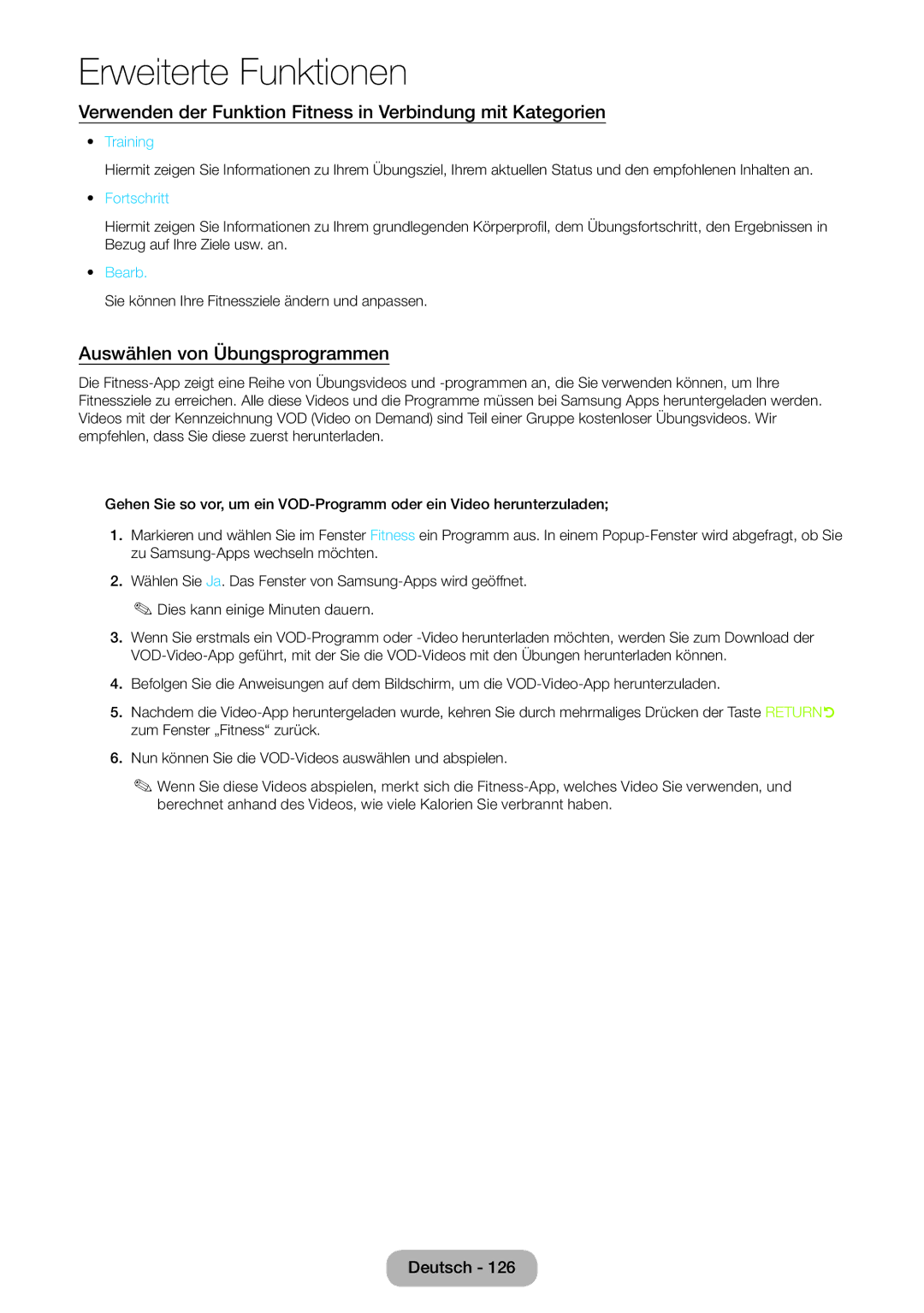 Samsung LT24B750EW/EN Verwenden der Funktion Fitness in Verbindung mit Kategorien, Auswählen von Übungsprogrammen, Bearb 