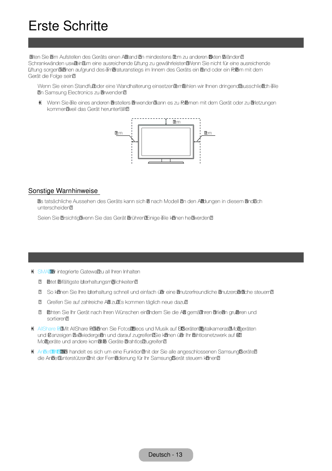 Samsung LT27B750EWV/EN, LT24B750EWV/EN Ausreichende Belüftung Ihres Geräts, Sonstige Warnhinweise, Liste der Funktionen 