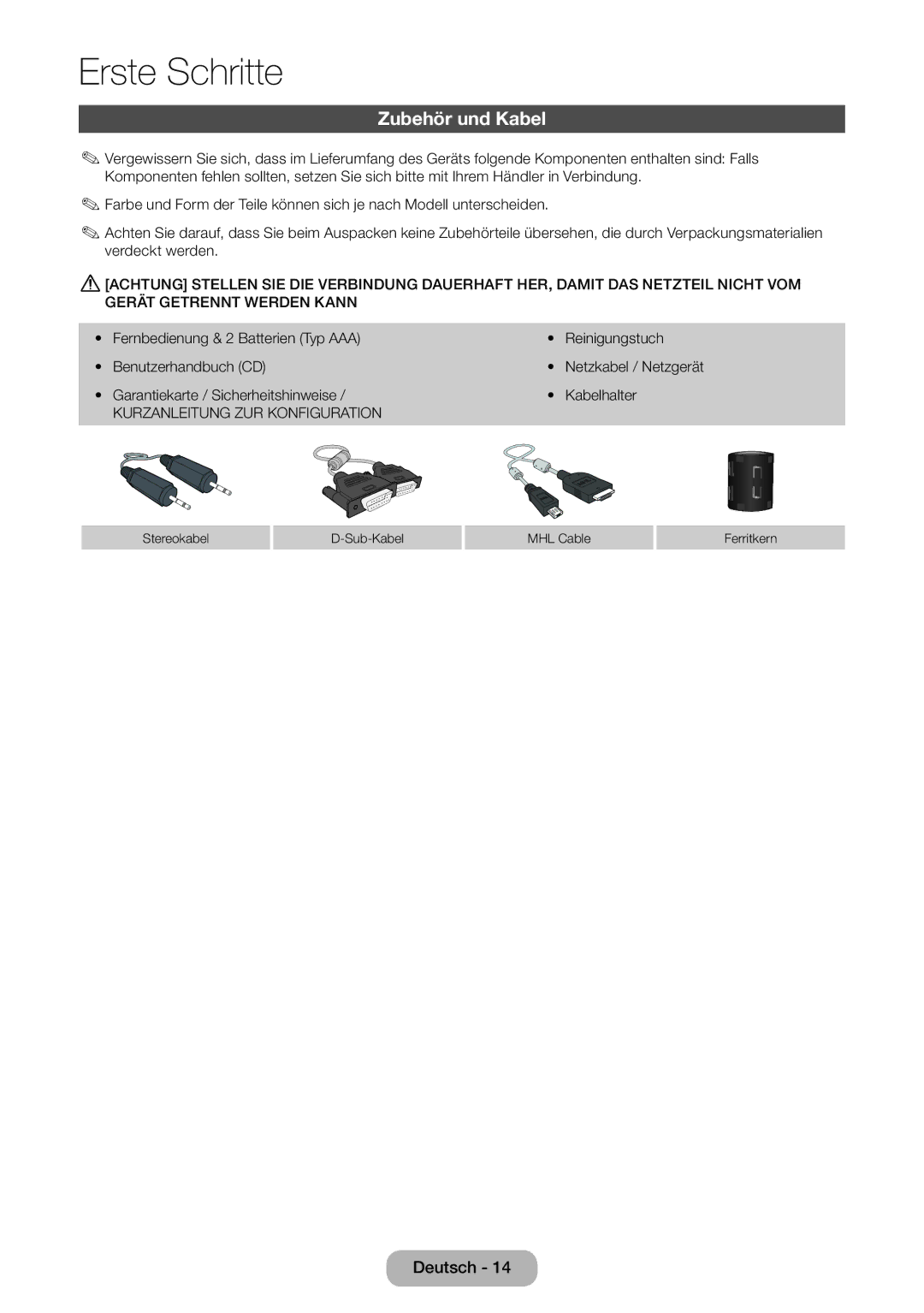 Samsung LT24B750EW/EN, LT24B750EWV/EN, LT27B750EWV/EN, LT27B750EW/EN manual Zubehör und Kabel 