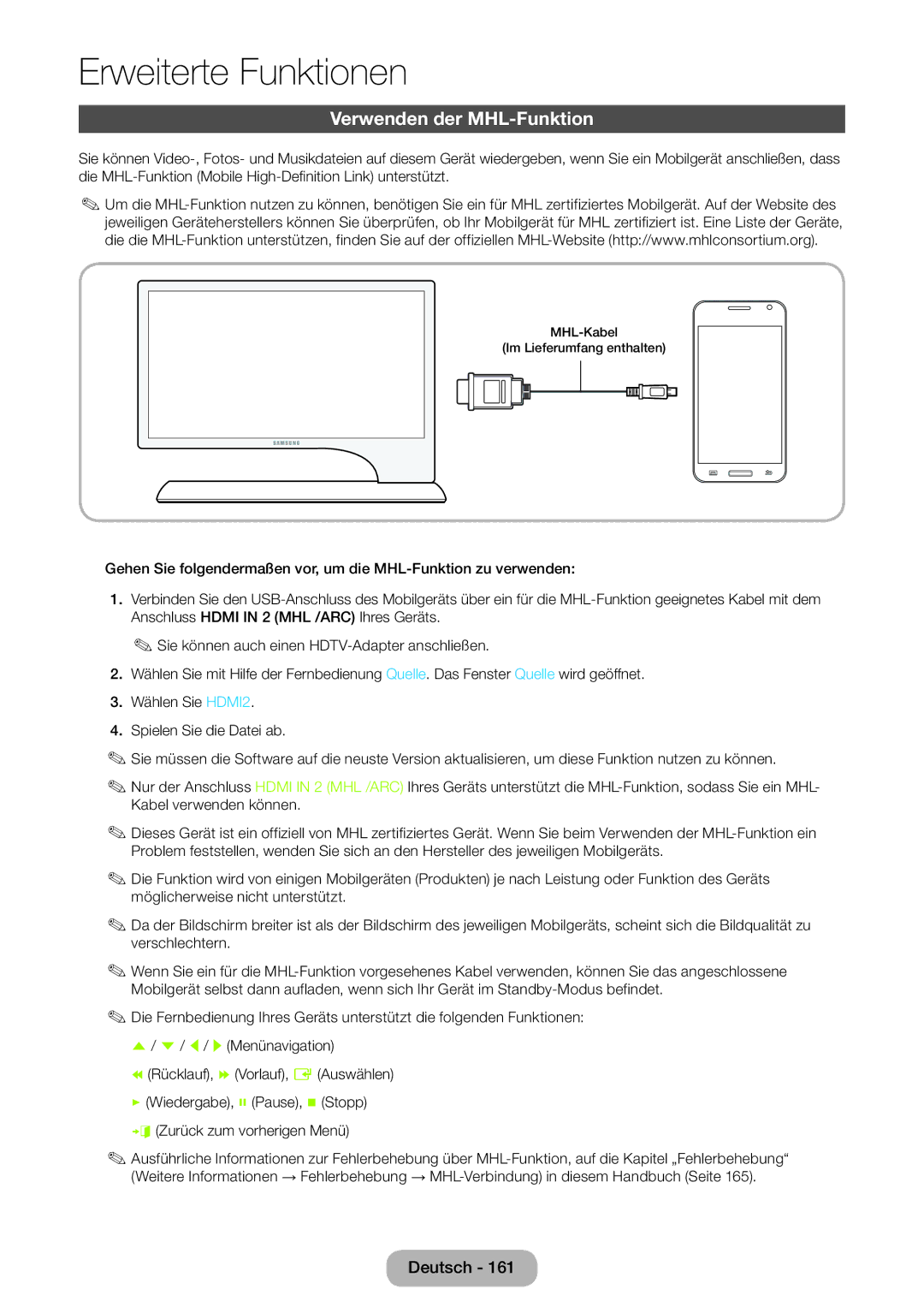 Samsung LT27B750EWV/EN, LT24B750EWV/EN, LT24B750EW/EN, LT27B750EW/EN manual Verwenden der MHL-Funktion 