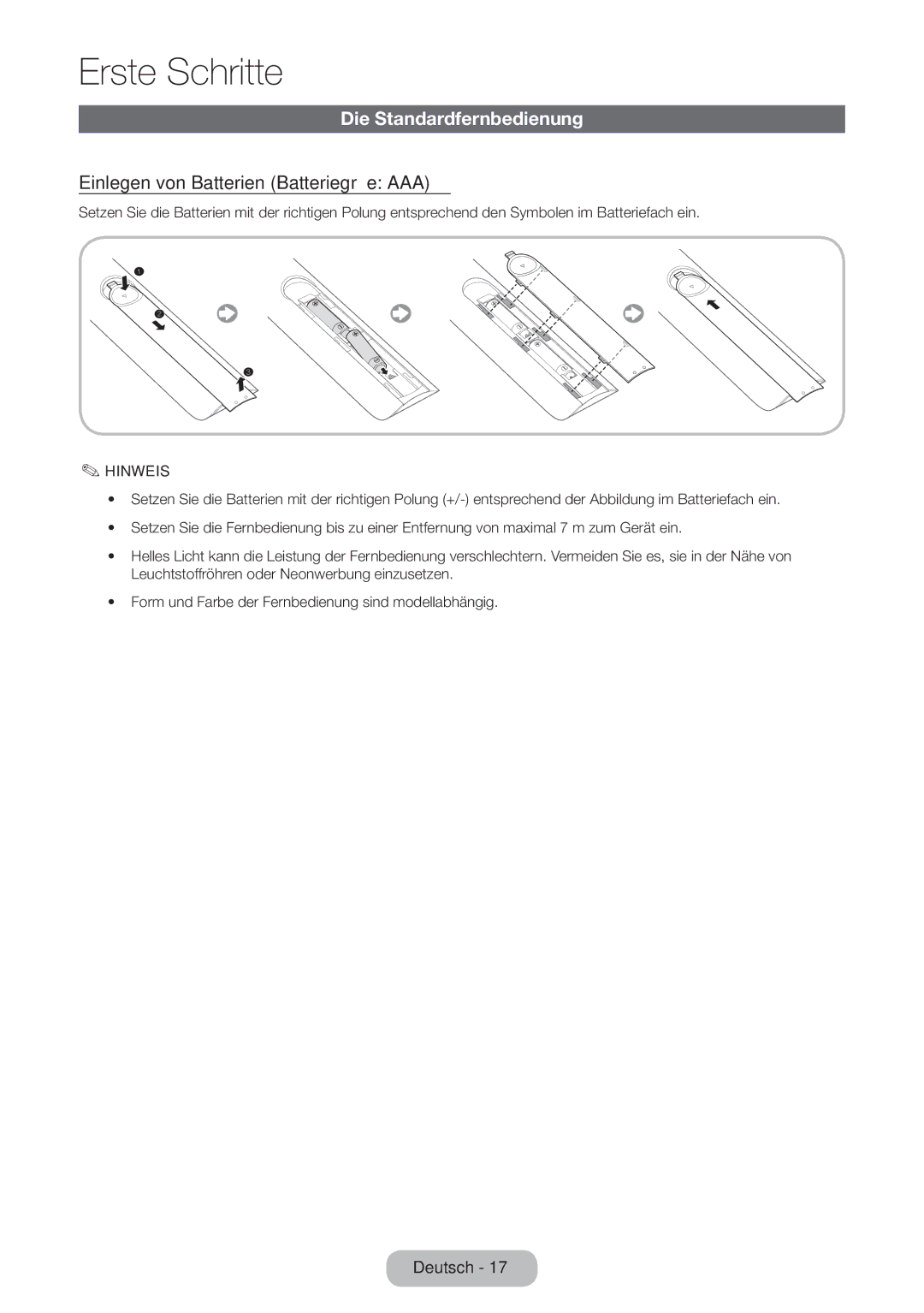 Samsung LT27B750EWV/EN, LT24B750EWV/EN, LT24B750EW/EN Die Standardfernbedienung, Einlegen von Batterien Batteriegröße AAA 