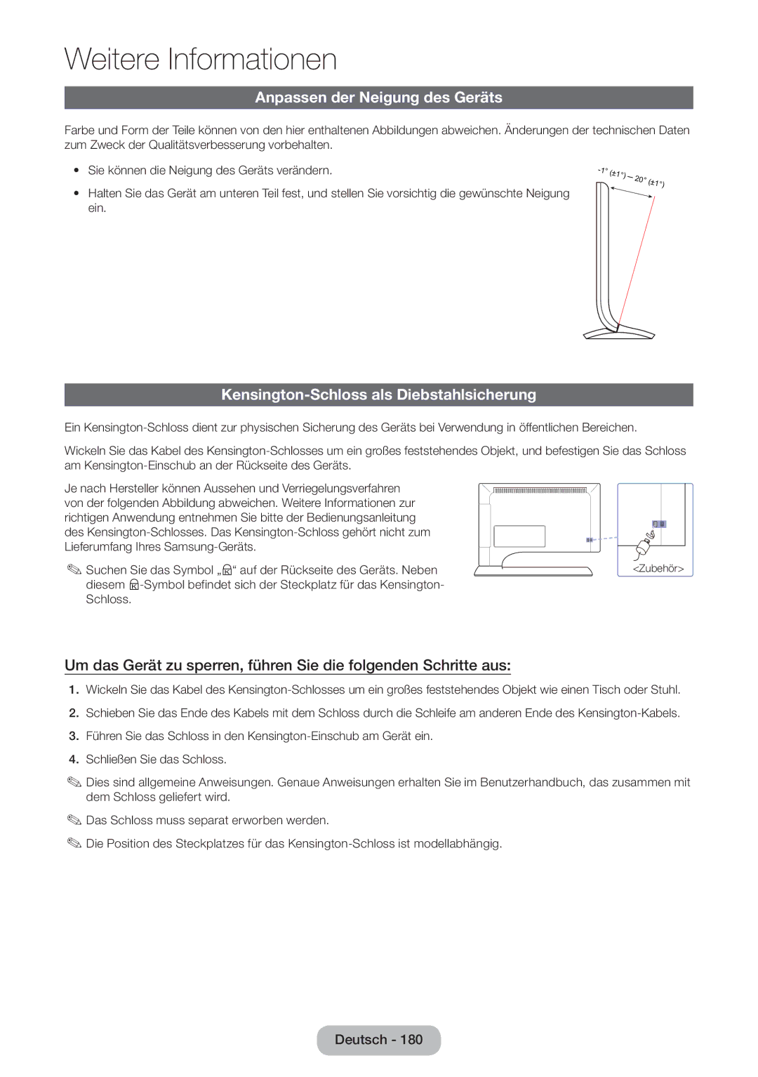 Samsung LT24B750EWV/EN, LT27B750EWV/EN manual Anpassen der Neigung des Geräts, Kensington-Schloss als Diebstahlsicherung 