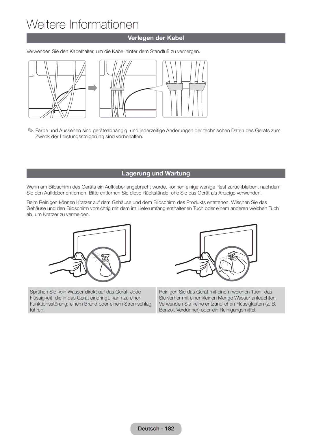 Samsung LT24B750EW/EN, LT24B750EWV/EN, LT27B750EWV/EN, LT27B750EW/EN manual Verlegen der Kabel, Lagerung und Wartung 