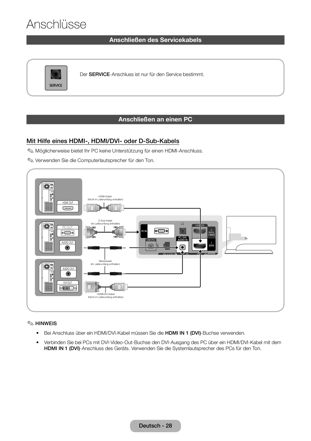 Samsung LT24B750EWV/EN, LT27B750EWV/EN, LT24B750EW/EN, LT27B750EW/EN Anschließen des Servicekabels, Anschließen an einen PC 