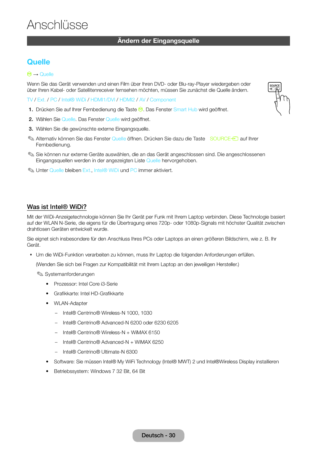 Samsung LT24B750EW/EN, LT24B750EWV/EN, LT27B750EWV/EN manual Ändern der Eingangsquelle, Was ist Intel WiDi?, → Quelle 