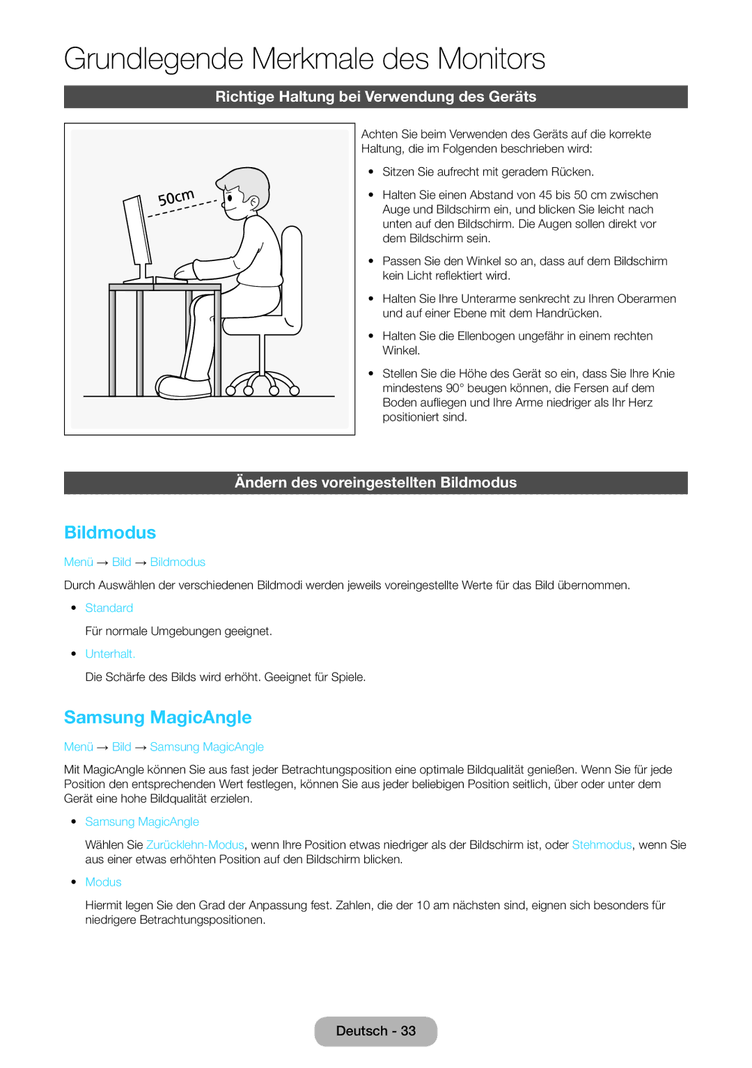 Samsung LT27B750EWV/EN, LT24B750EWV/EN manual Bildmodus, Samsung MagicAngle, Richtige Haltung bei Verwendung des Geräts 