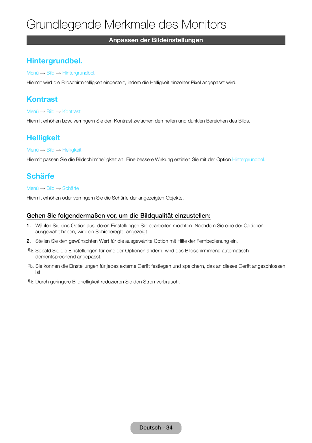 Samsung LT24B750EW/EN, LT24B750EWV/EN manual Hintergrundbel, Kontrast, Helligkeit, Schärfe, Anpassen der Bildeinstellungen 