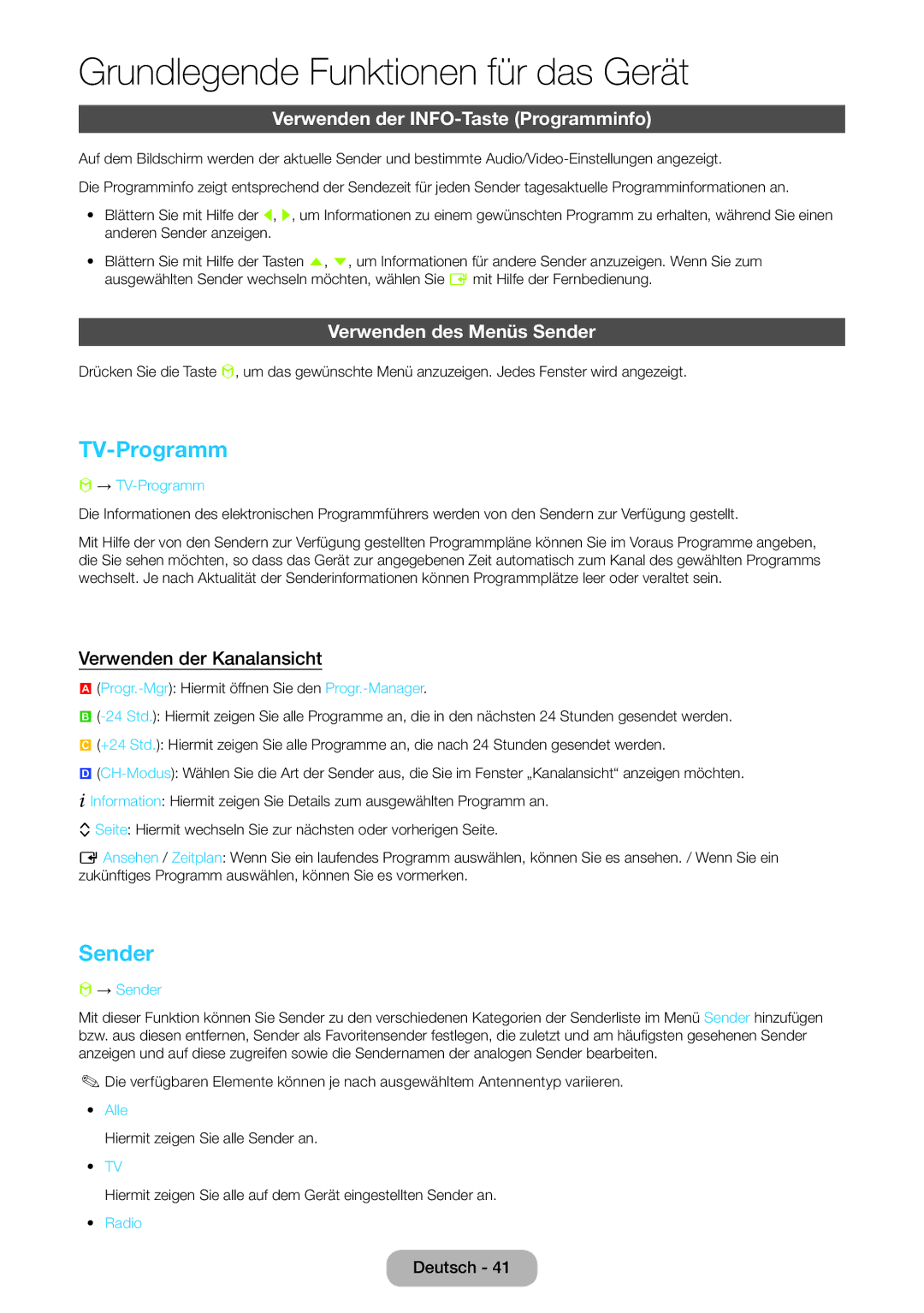 Samsung LT27B750EWV/EN, LT24B750EWV/EN TV-Programm, Verwenden der INFO-Taste Programminfo, Verwenden des Menüs Sender 