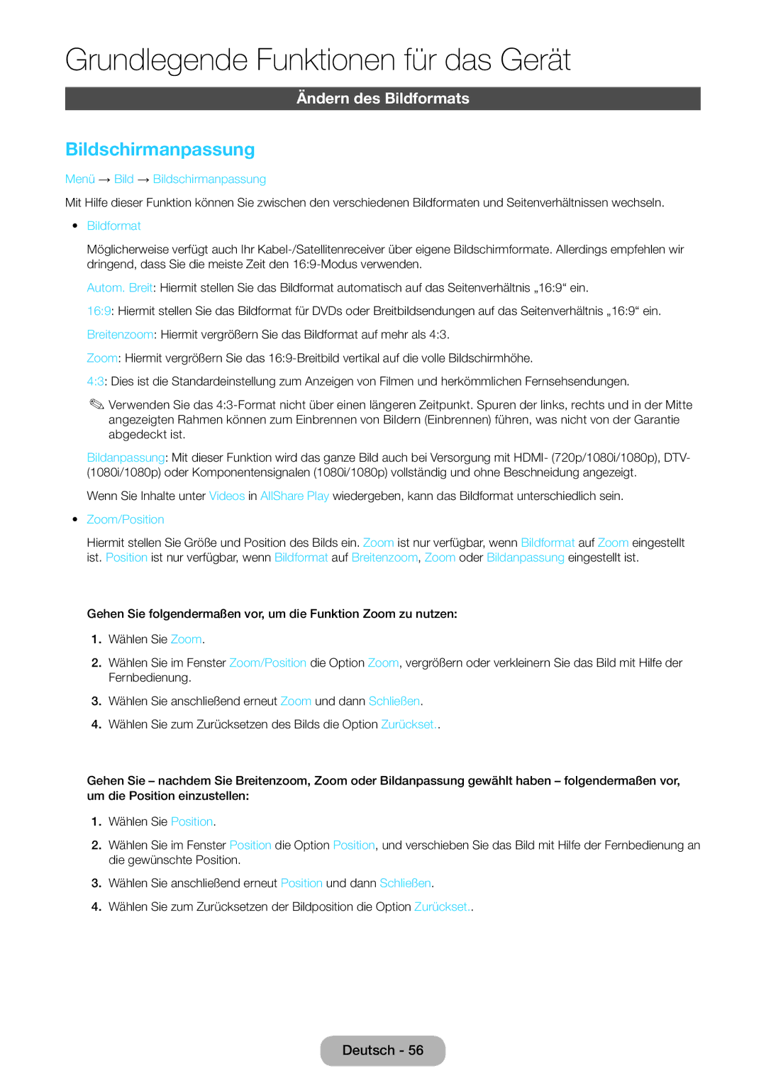 Samsung LT24B750EWV/EN, LT27B750EWV/EN, LT24B750EW/EN, LT27B750EW/EN manual Ändern des Bildformats, Zoom/Position 