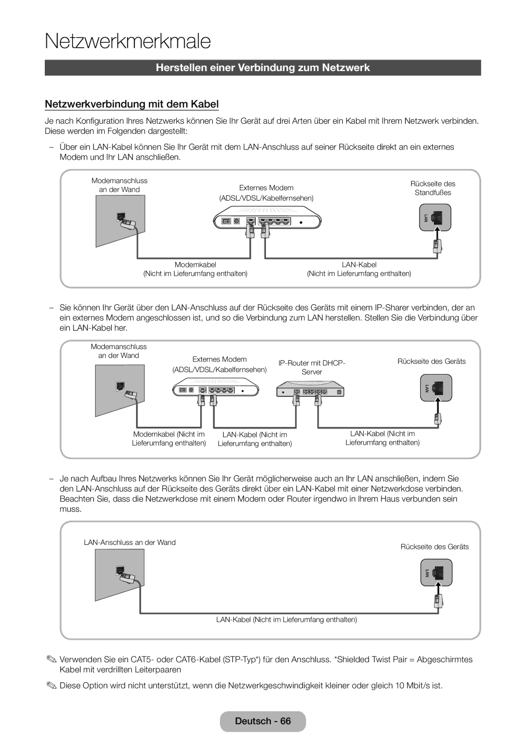 Samsung LT24B750EW/EN, LT24B750EWV/EN manual Herstellen einer Verbindung zum Netzwerk, Netzwerkverbindung mit dem Kabel 