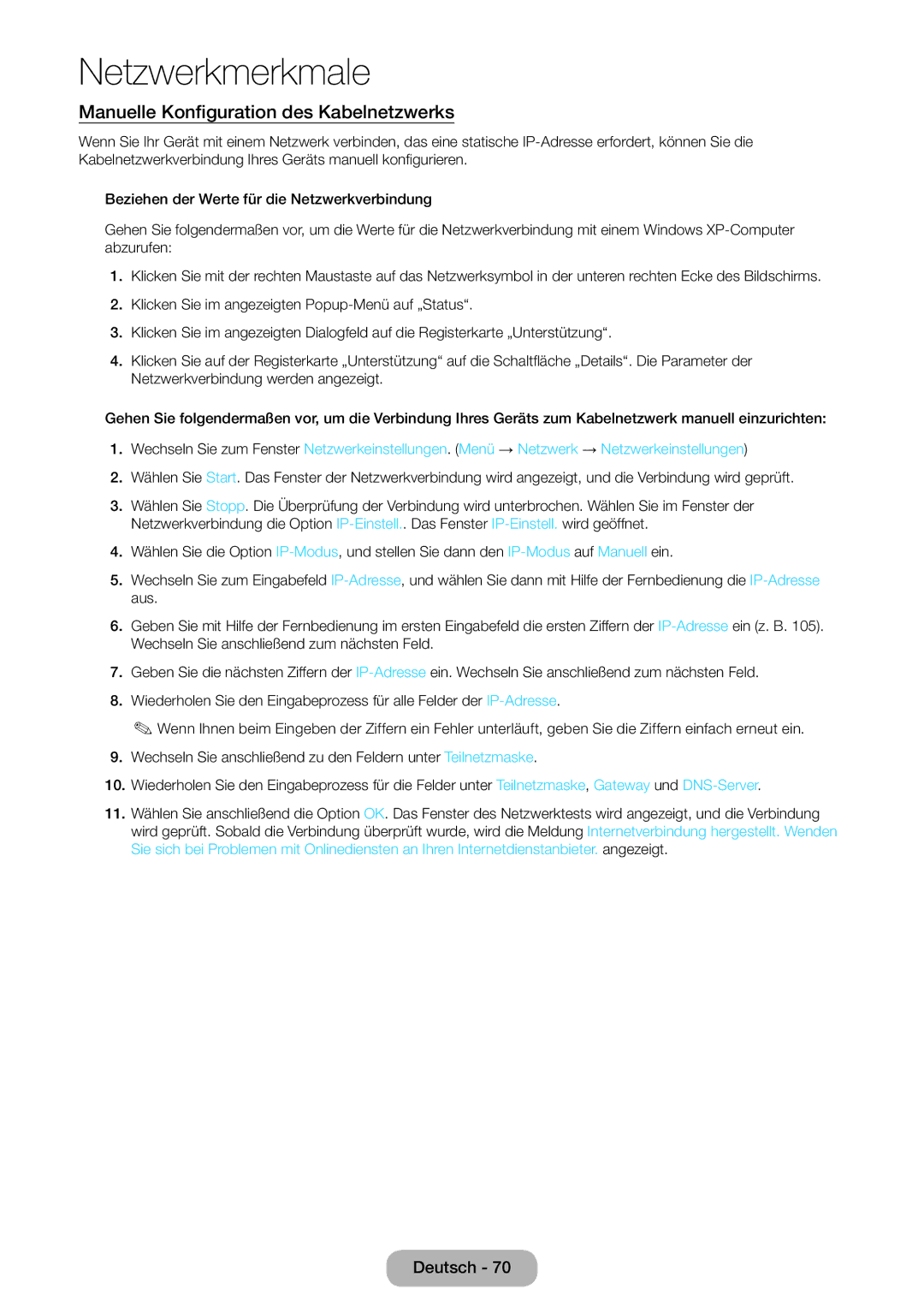 Samsung LT24B750EW/EN, LT24B750EWV/EN, LT27B750EWV/EN, LT27B750EW/EN manual Manuelle Konfiguration des Kabelnetzwerks 