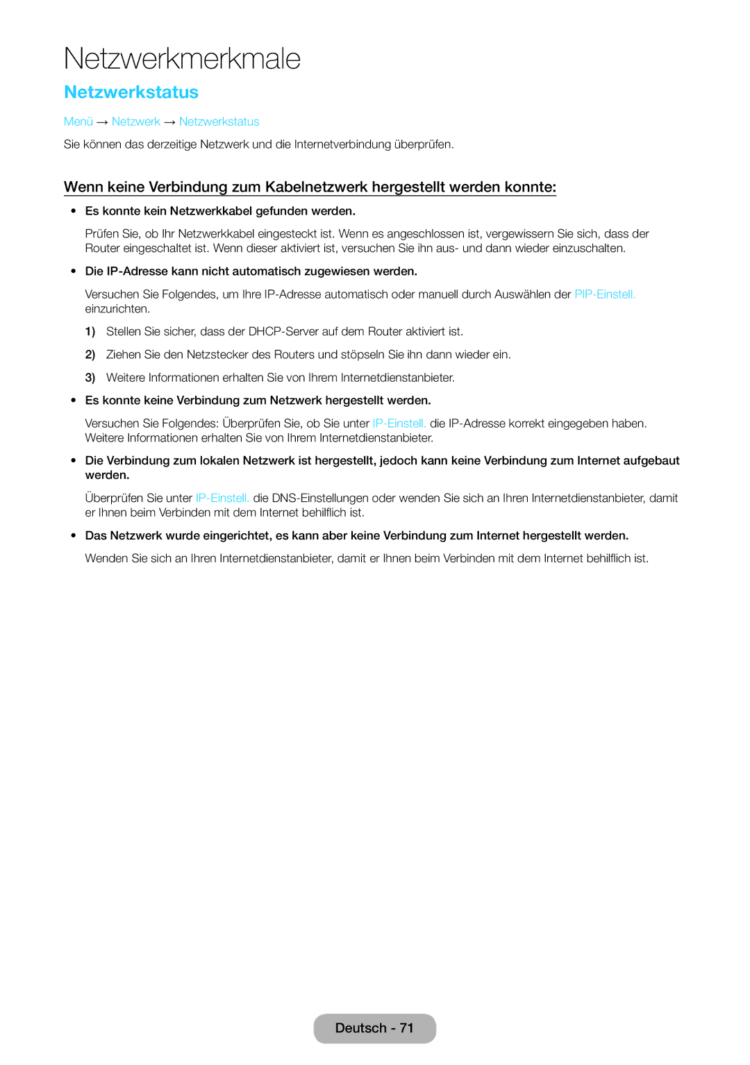 Samsung LT27B750EW/EN, LT24B750EWV/EN, LT27B750EWV/EN, LT24B750EW/EN manual Menü → Netzwerk → Netzwerkstatus 