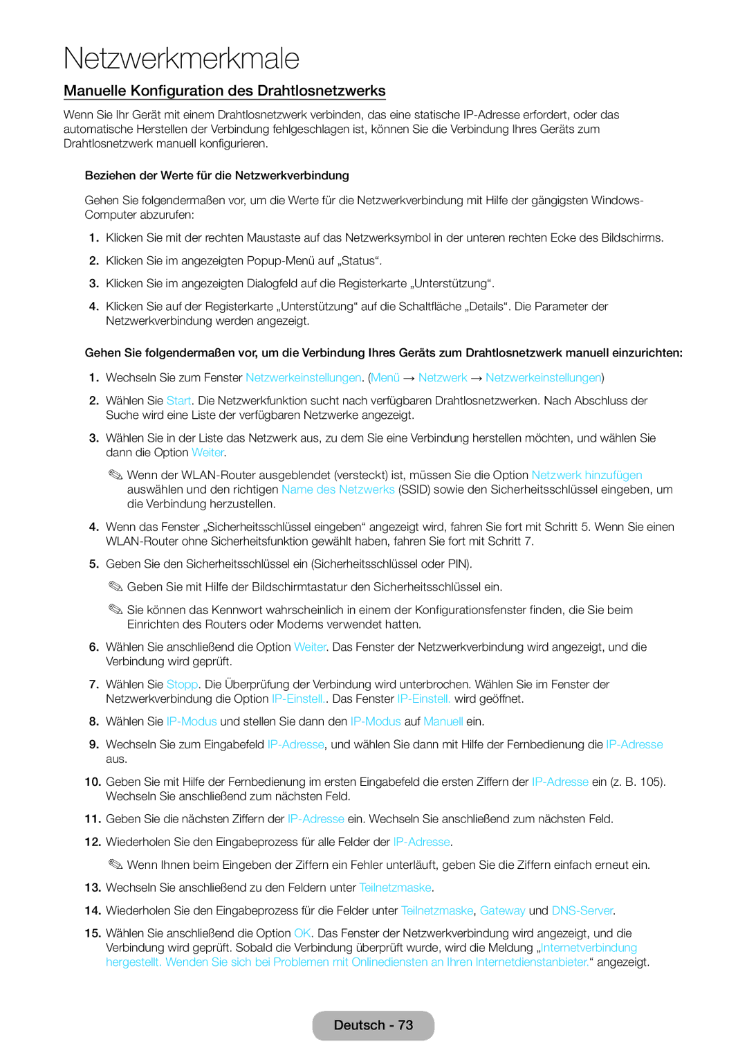 Samsung LT27B750EWV/EN, LT24B750EWV/EN, LT24B750EW/EN, LT27B750EW/EN manual Manuelle Konfiguration des Drahtlosnetzwerks 