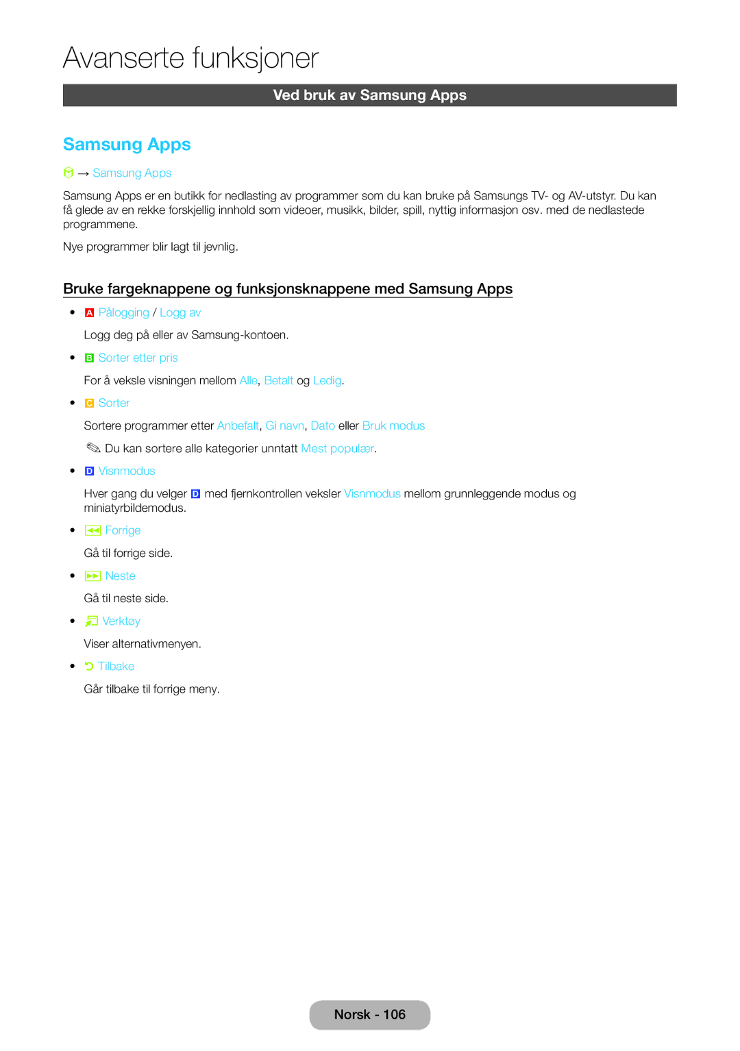 Samsung LT24B750EX/XE manual Ved bruk av Samsung Apps, Bruke fargeknappene og funksjonsknappene med Samsung Apps 