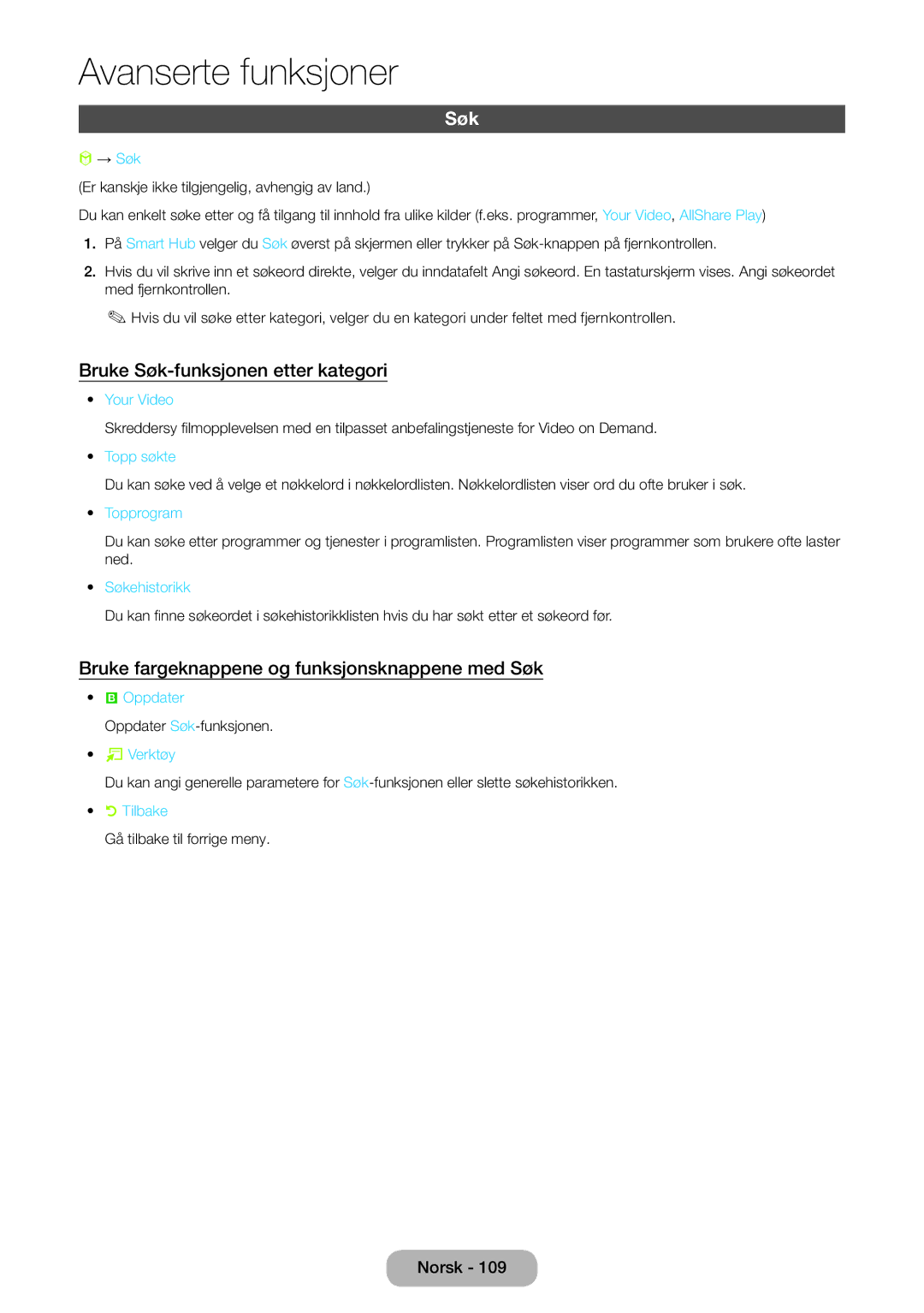 Samsung LT27B750EX/XE manual Bruke Søk-funksjonen etter kategori, Bruke fargeknappene og funksjonsknappene med Søk 