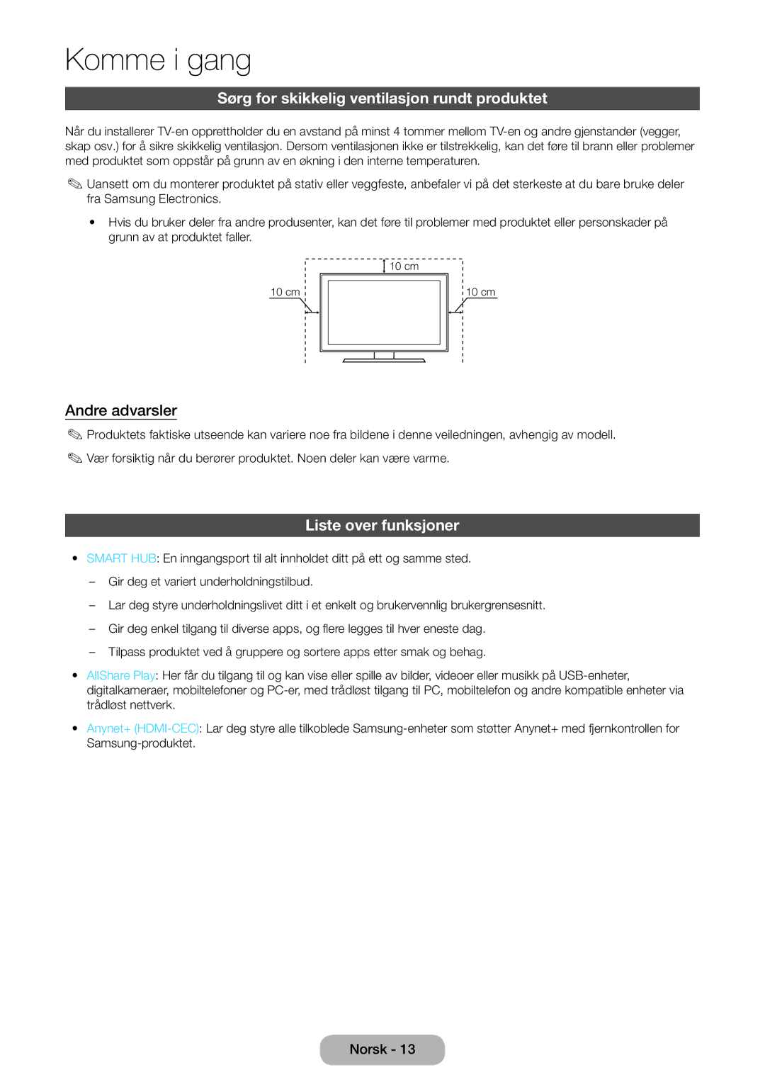 Samsung LT27B750EX/XE manual Sørg for skikkelig ventilasjon rundt produktet, Andre advarsler, Liste over funksjoner 