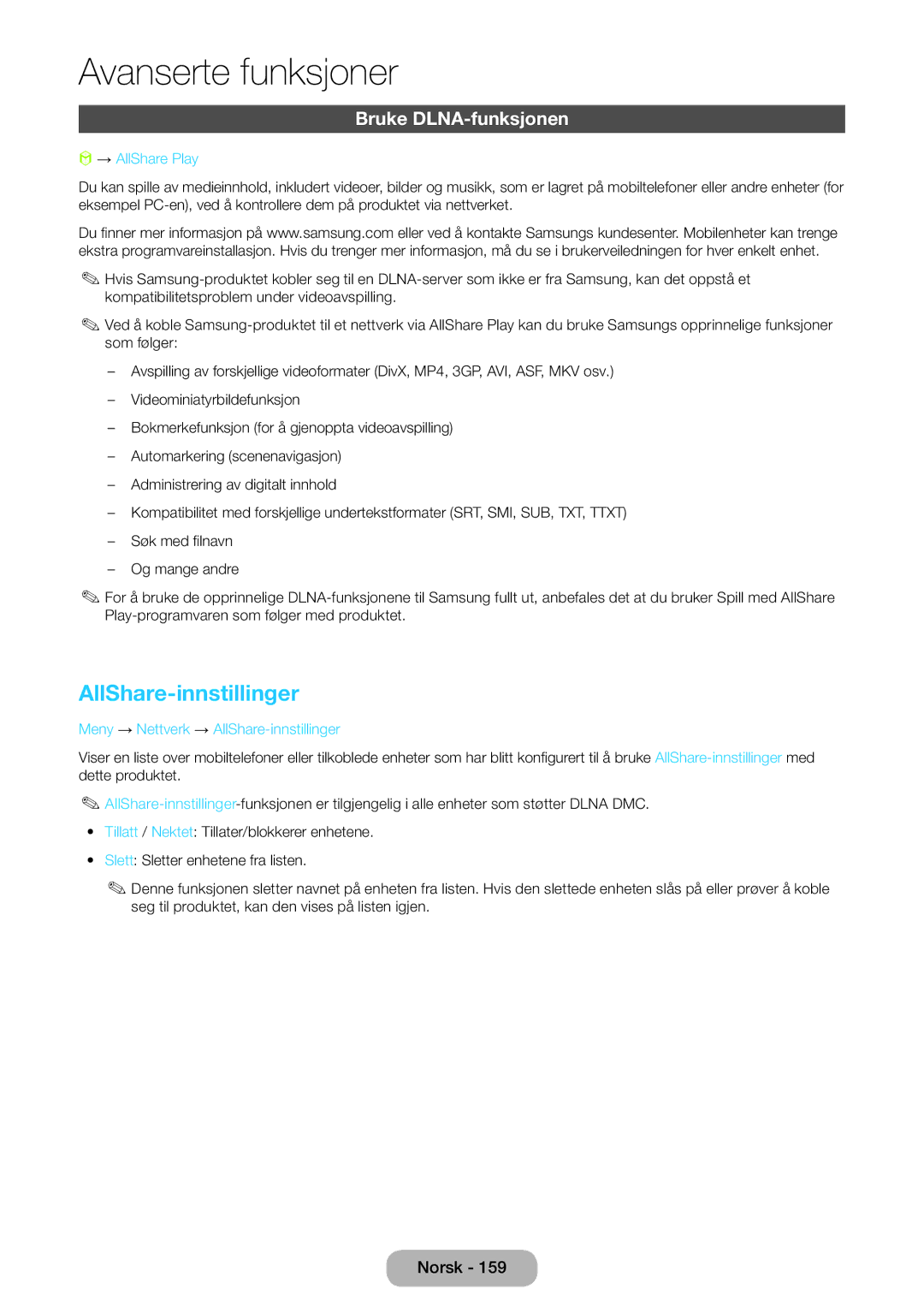 Samsung LT27B750EX/XE, LT24B750EX/XE manual Bruke DLNA-funksjonen, → AllShare Play 