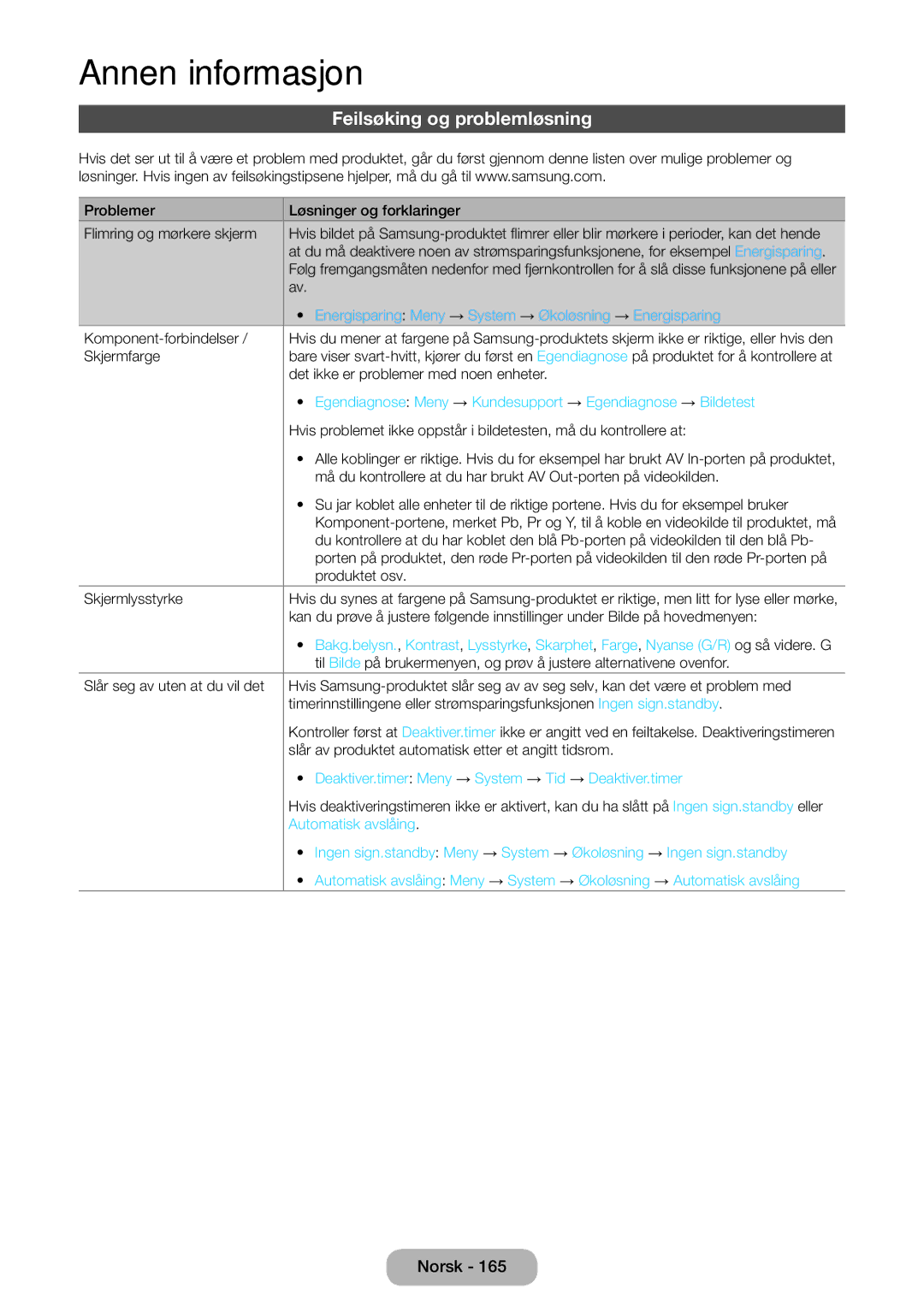 Samsung LT27B750EX/XE manual Feilsøking og problemløsning, Energisparing Meny → System → Økoløsning → Energisparing 