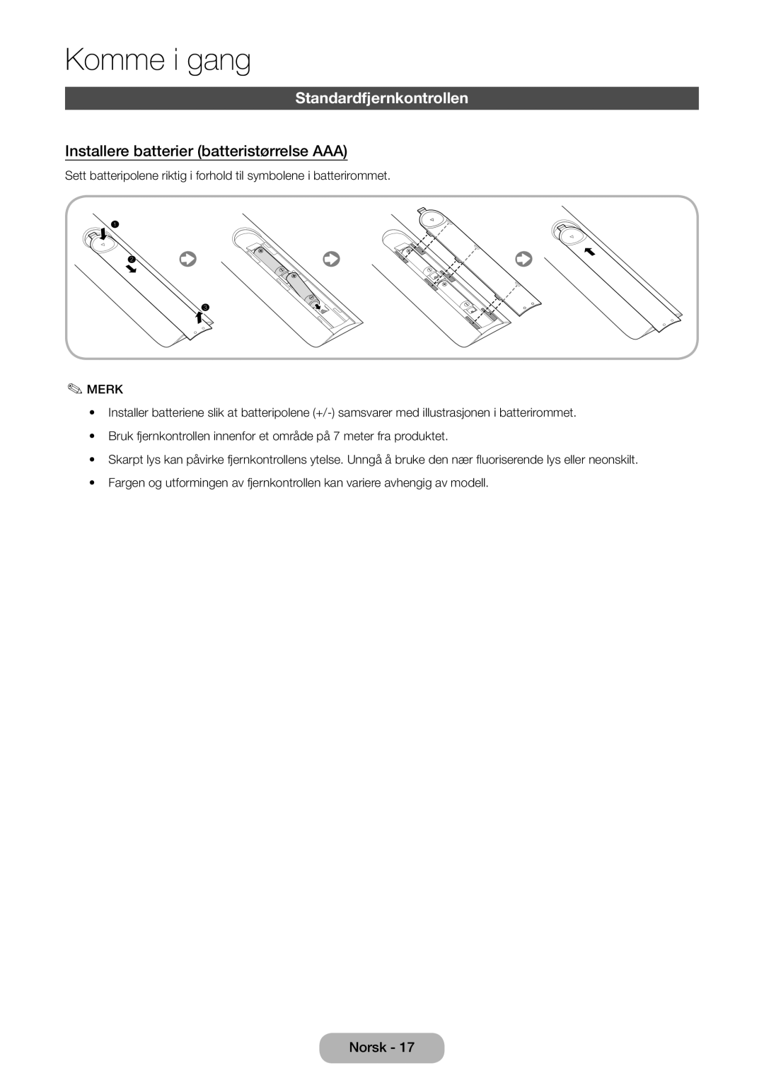 Samsung LT27B750EX/XE, LT24B750EX/XE manual Standardfjernkontrollen, Installere batterier batteristørrelse AAA 