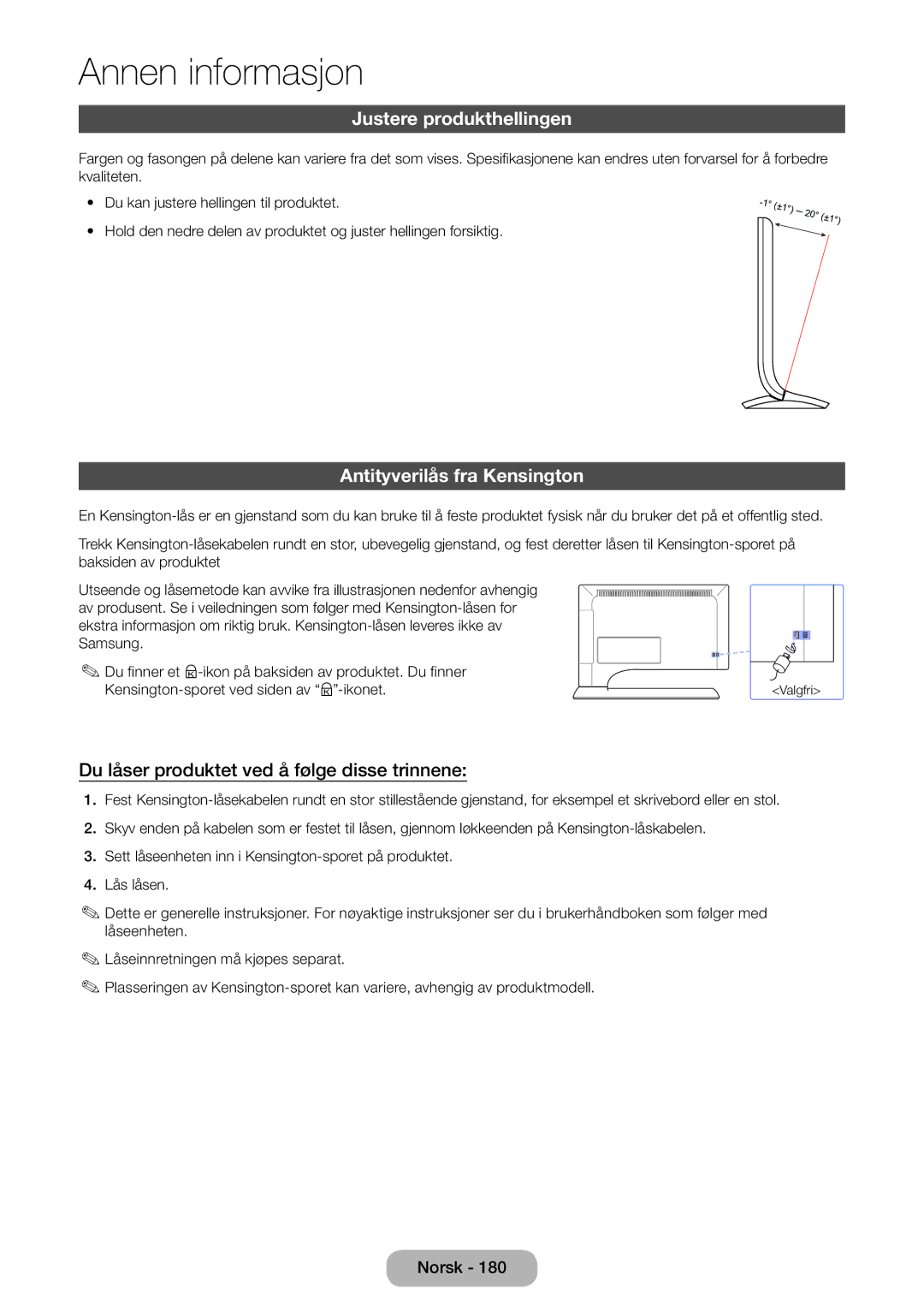 Samsung LT24B750EX/XE, LT27B750EX/XE manual Justere produkthellingen, Antityverilås fra Kensington 