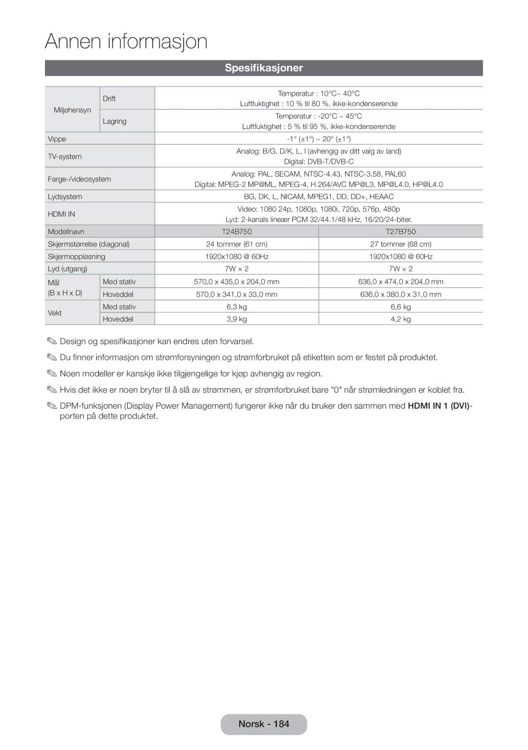 Samsung LT24B750EX/XE, LT27B750EX/XE manual Spesifikasjoner, Farge-/videosystem 