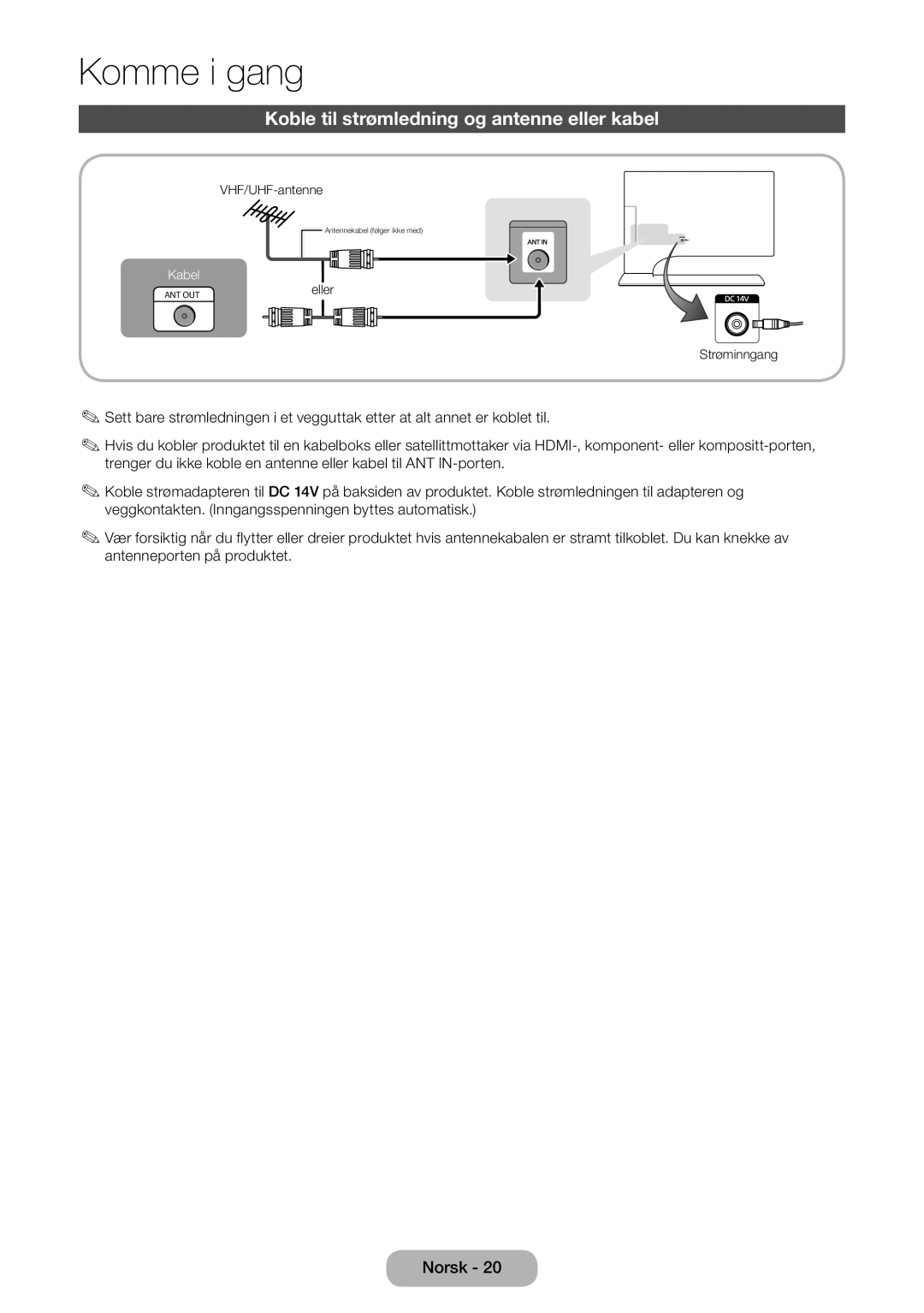 Samsung LT24B750EX/XE, LT27B750EX/XE manual Koble til strømledning og antenne eller kabel 