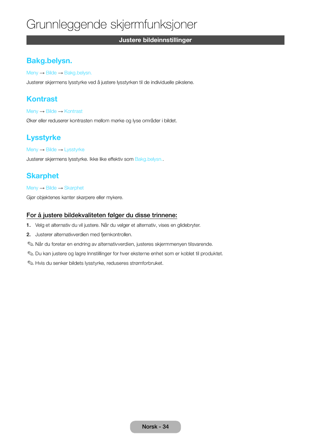 Samsung LT24B750EX/XE, LT27B750EX/XE manual Bakg.belysn, Kontrast, Lysstyrke, Skarphet, Justere bildeinnstillinger 