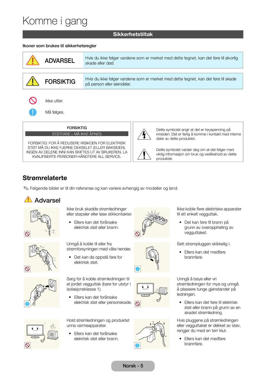 Samsung LT27B750EX/XE, LT24B750EX/XE manual Komme i gang, Sikkerhetstiltak 