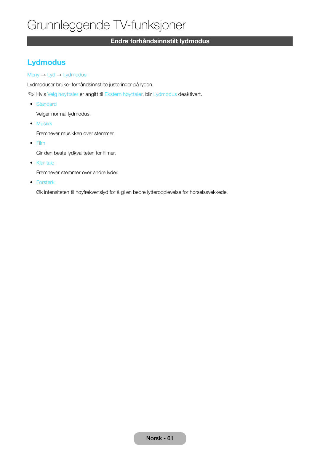 Samsung LT27B750EX/XE, LT24B750EX/XE manual Lydmodus 