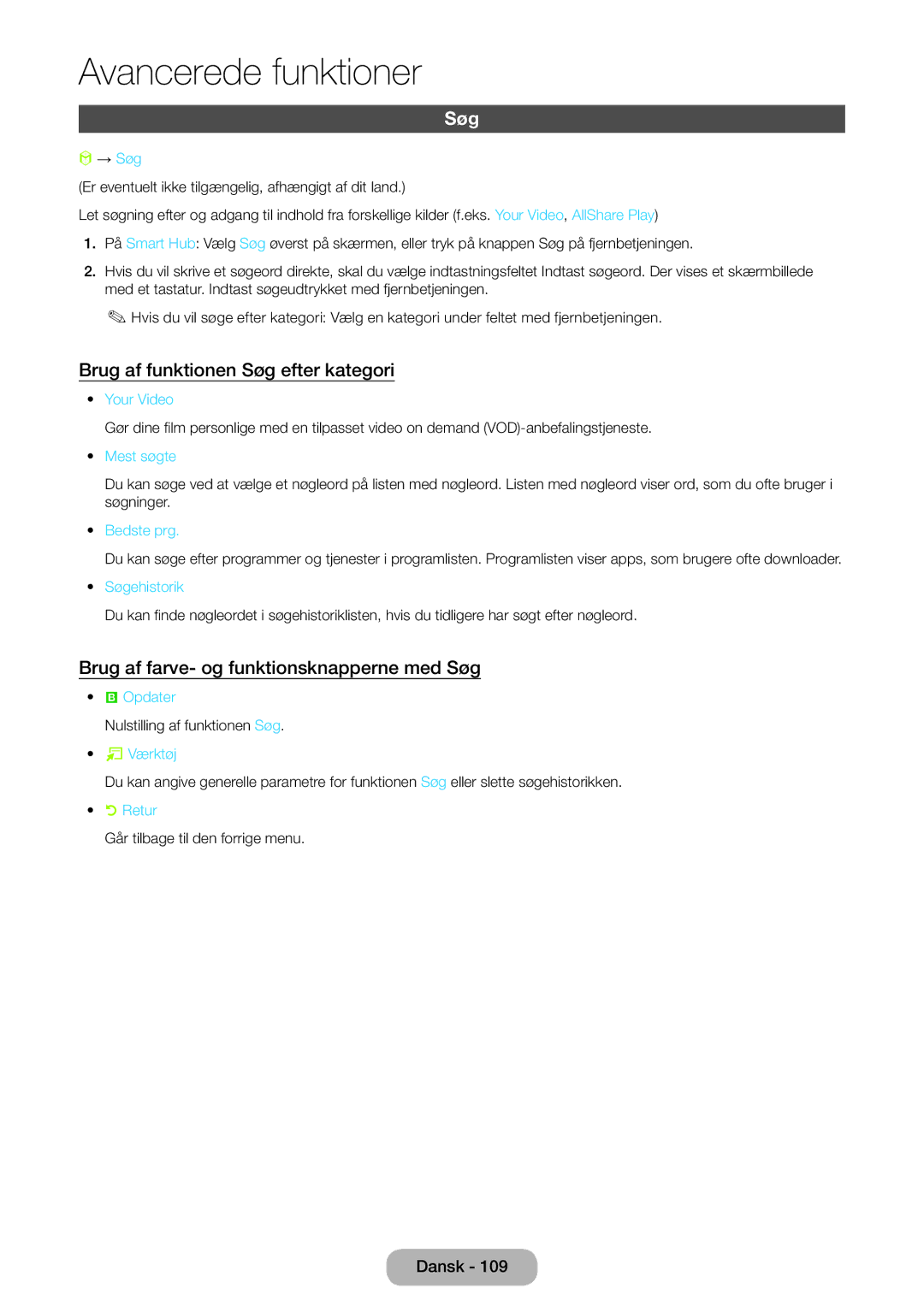 Samsung LT27B750EX/XE manual Brug af funktionen Søg efter kategori, Brug af farve- og funktionsknapperne med Søg 