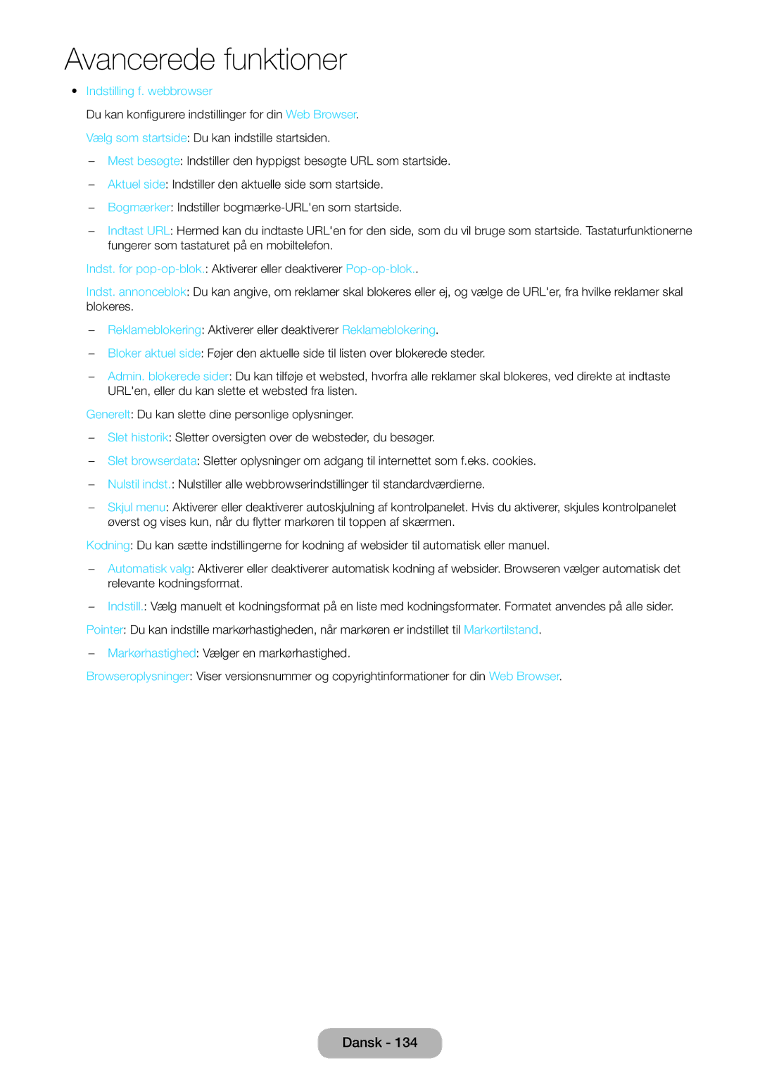 Samsung LT24B750EX/XE, LT27B750EX/XE manual Indstilling f. webbrowser 