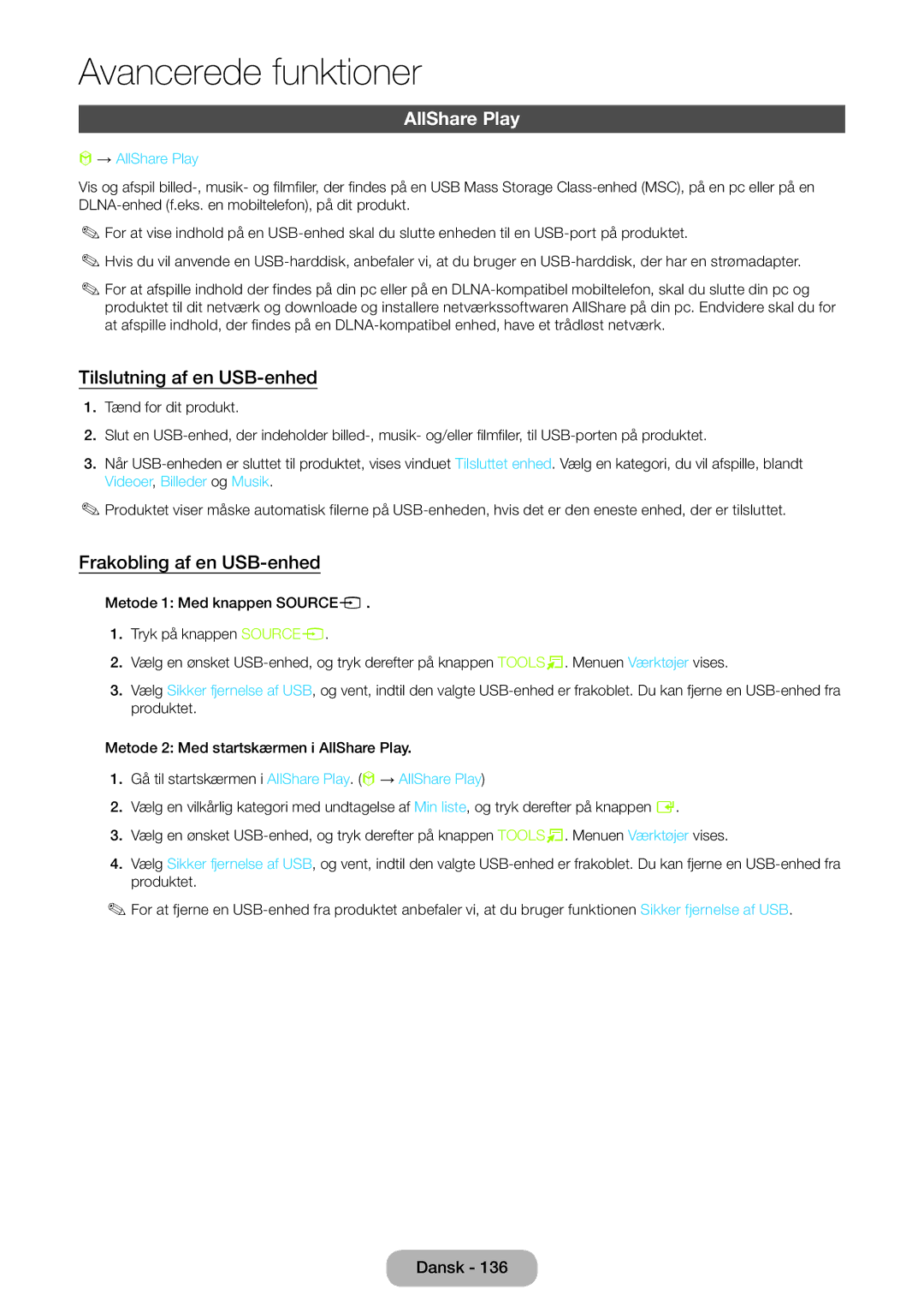 Samsung LT24B750EX/XE, LT27B750EX/XE manual Tilslutning af en USB-enhed, Frakobling af en USB-enhed, → AllShare Play 