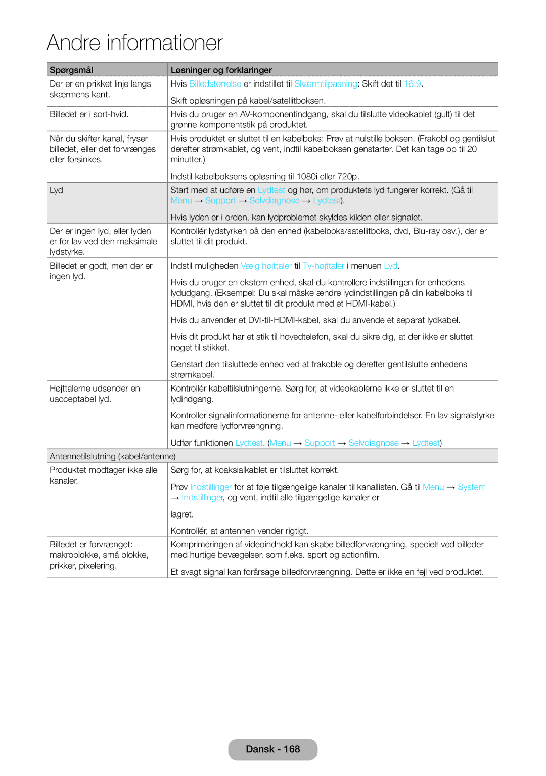 Samsung LT24B750EX/XE, LT27B750EX/XE manual Menu → Support → Selvdiagnose → Lydtest 