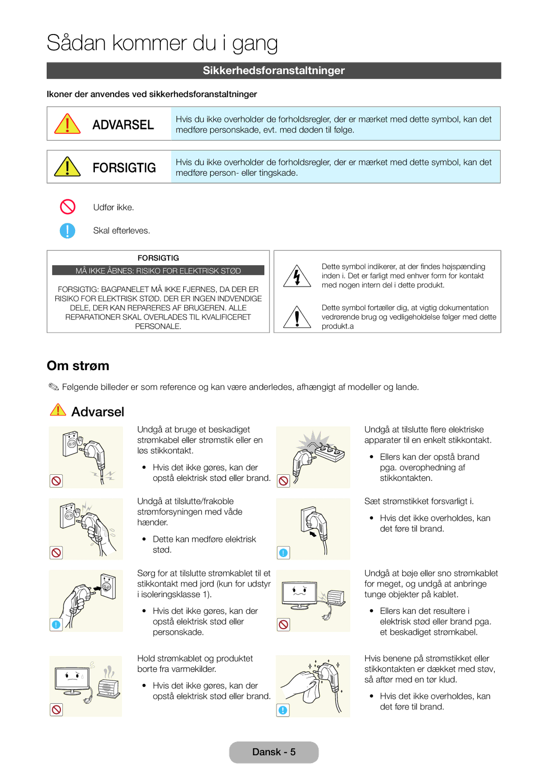 Samsung LT27B750EX/XE, LT24B750EX/XE manual Sådan kommer du i gang, Sikkerhedsforanstaltninger 